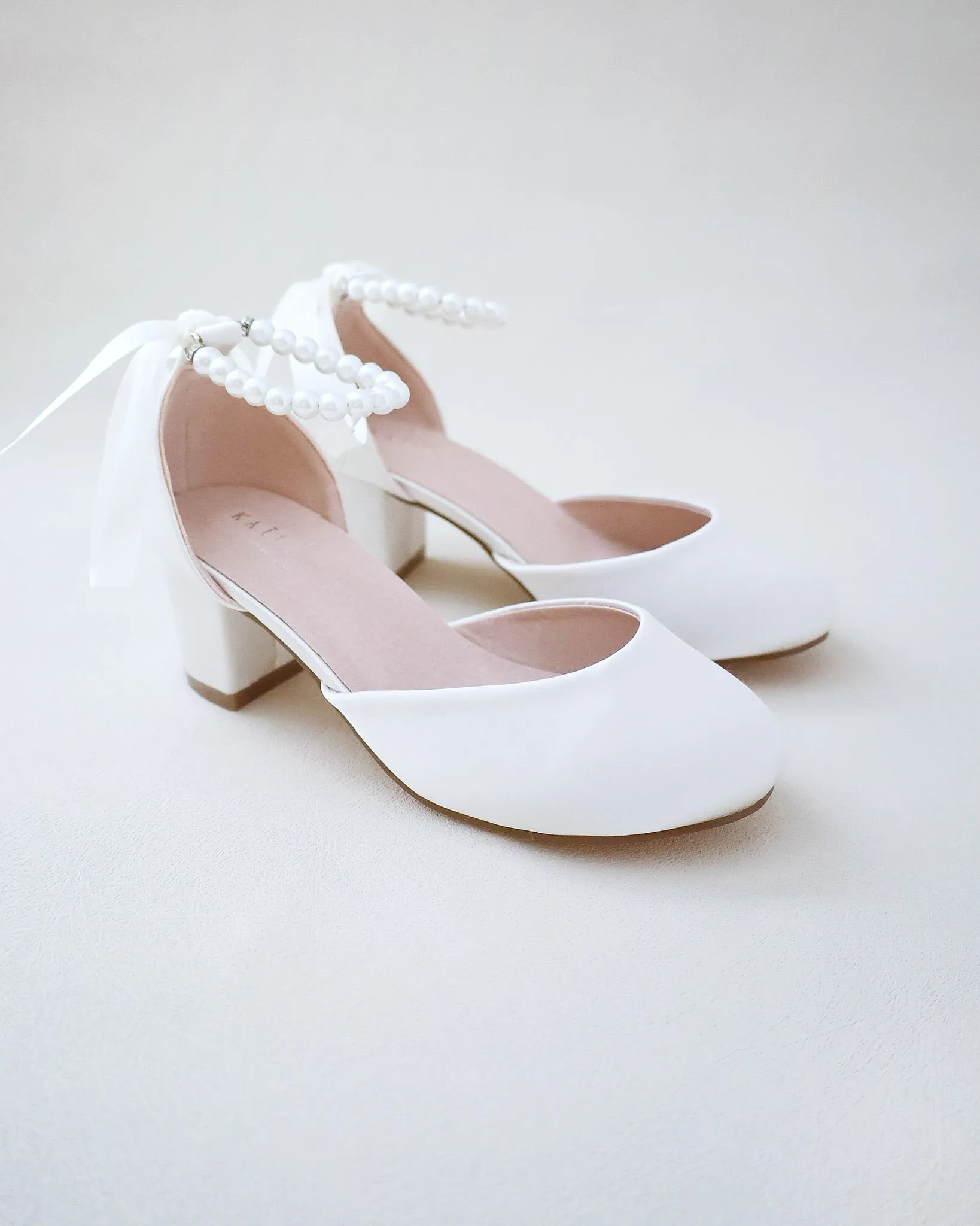 Girls Pearl Ankle Strap Satin Block Heel