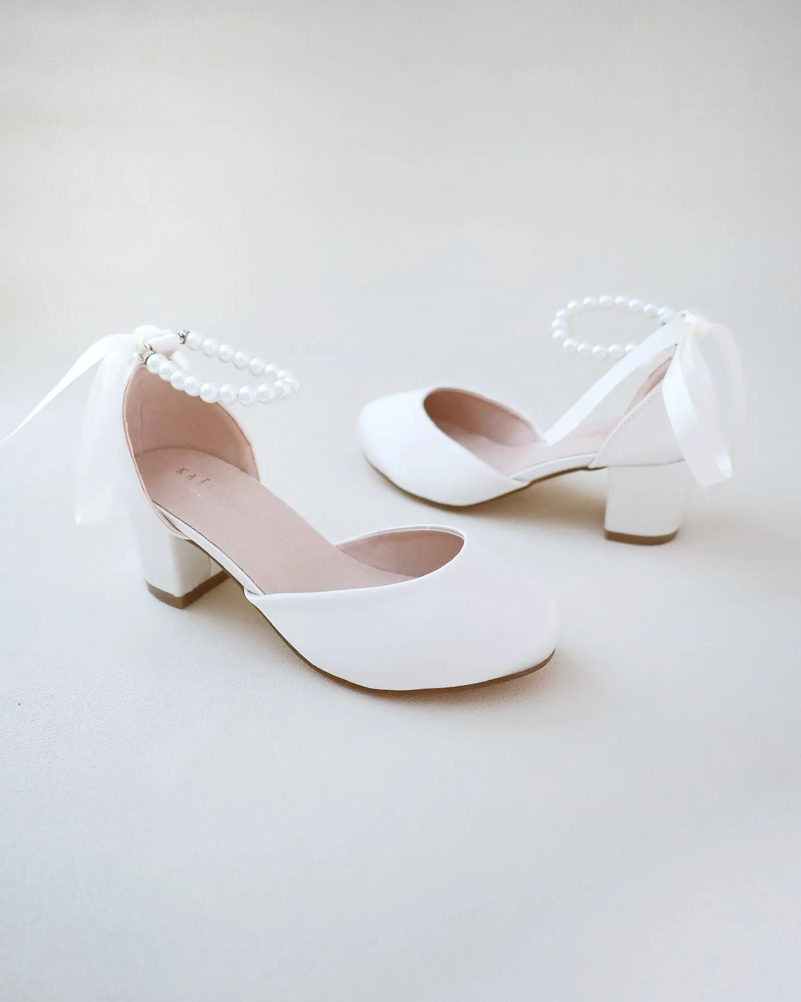 Girls Pearl Ankle Strap Satin Block Heel