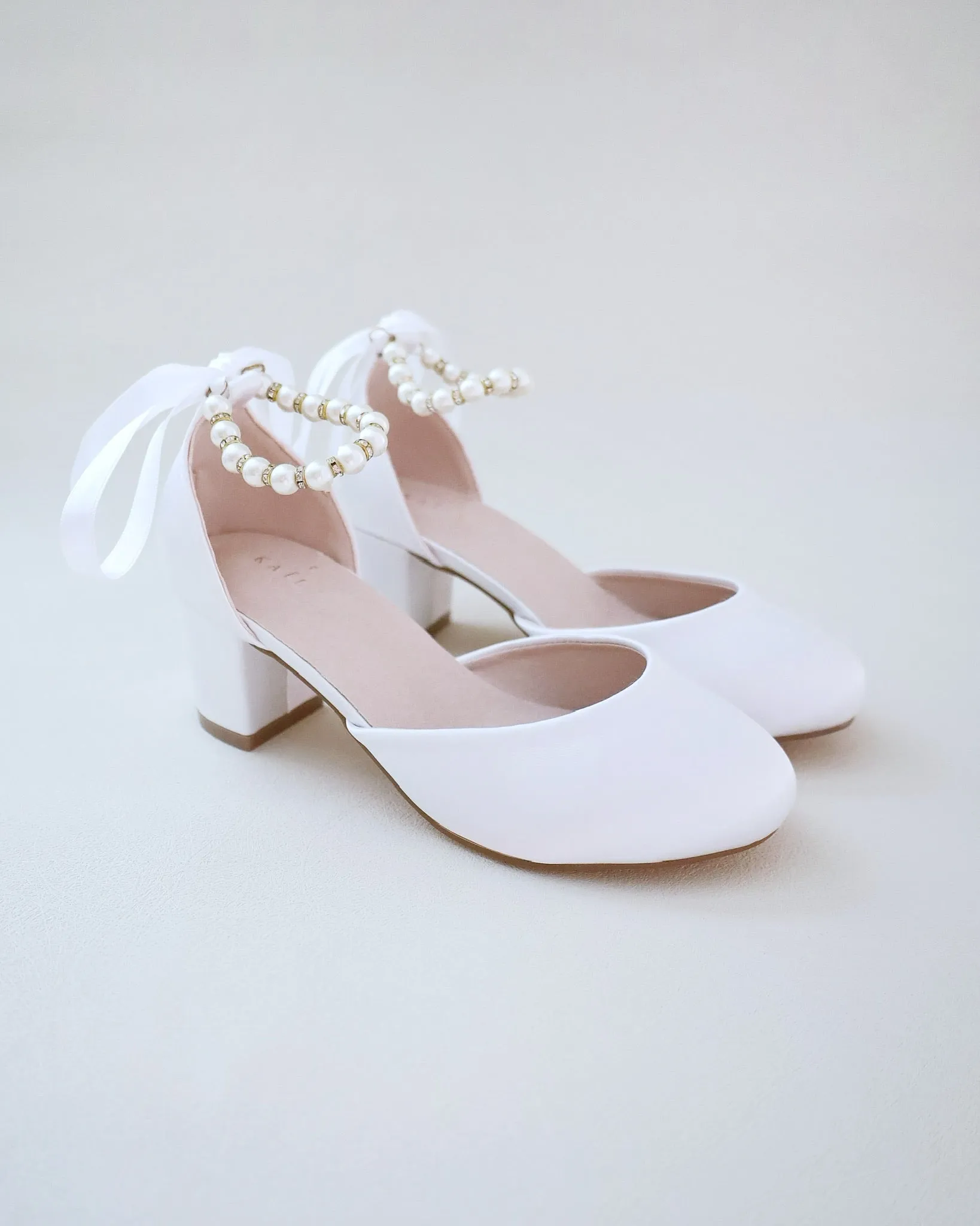 Girls Pearl Ankle Strap Satin Block Heel