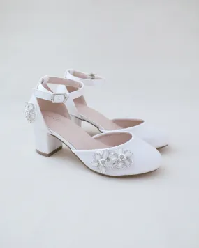 Girls Satin Block Heel Chassia Flowers with Rhinestones