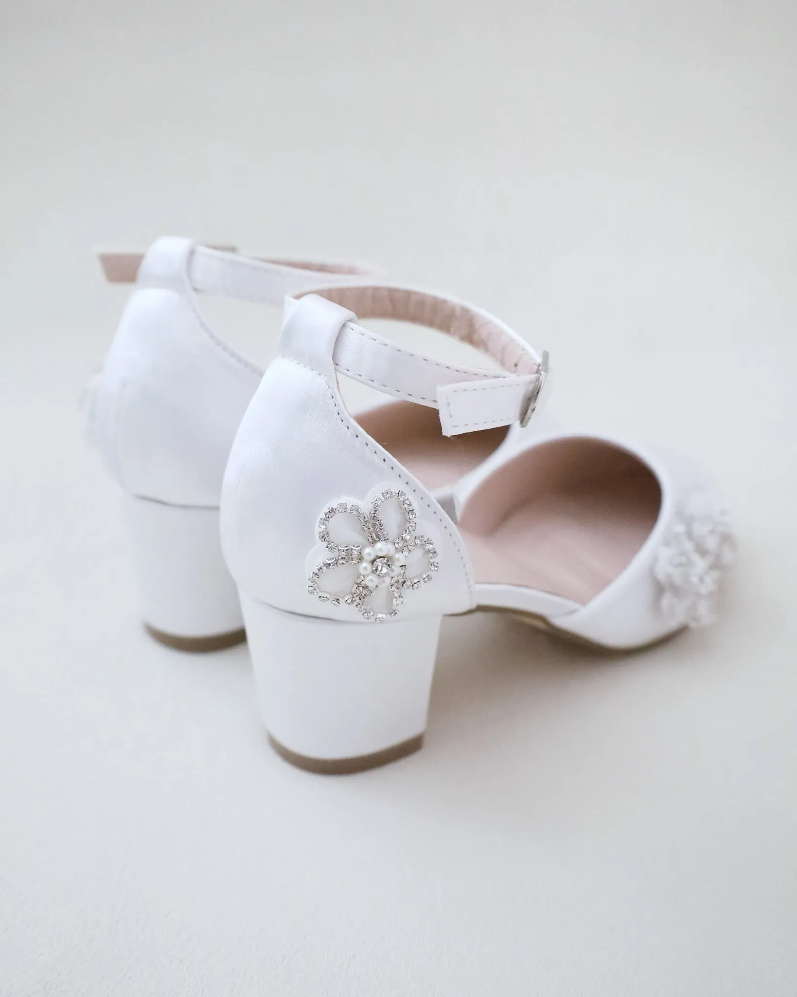 Girls Satin Block Heel Chassia Flowers with Rhinestones