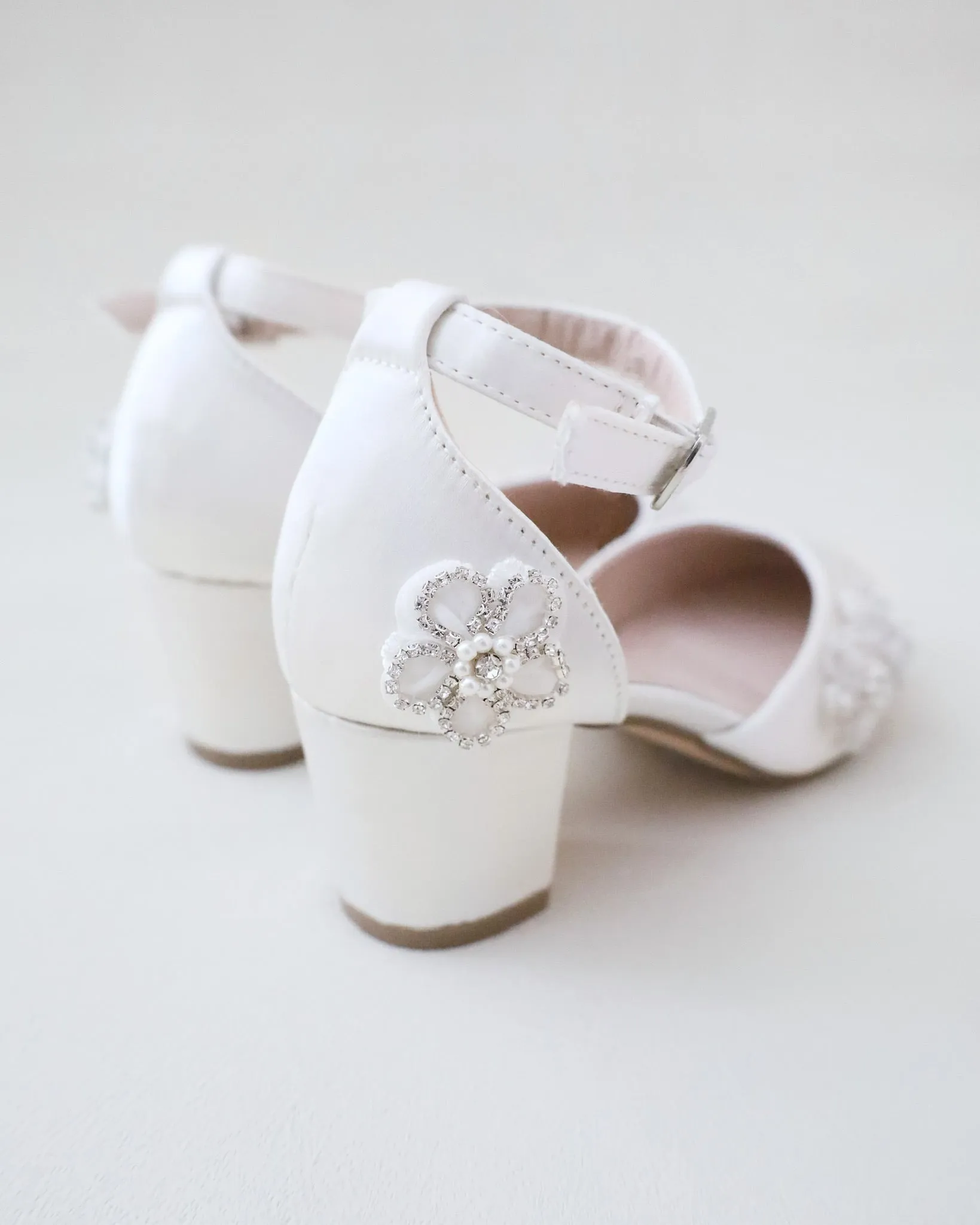 Girls Satin Block Heel Chassia Flowers with Rhinestones