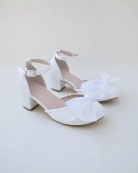 Girls Satin Block Heel Tulle Bow