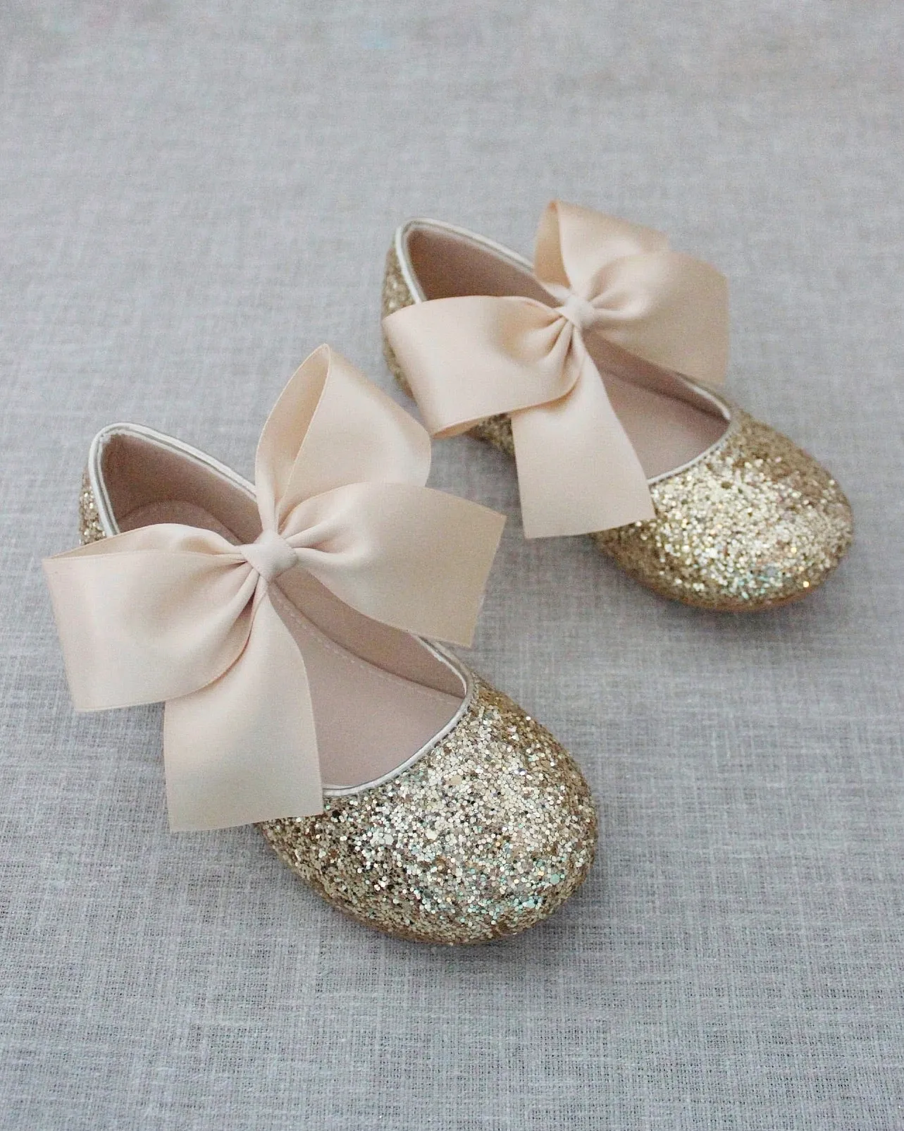 Gold Glitter Maryjane Flats with Satin Bow