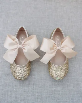 Gold Glitter Maryjane Flats with Satin Bow