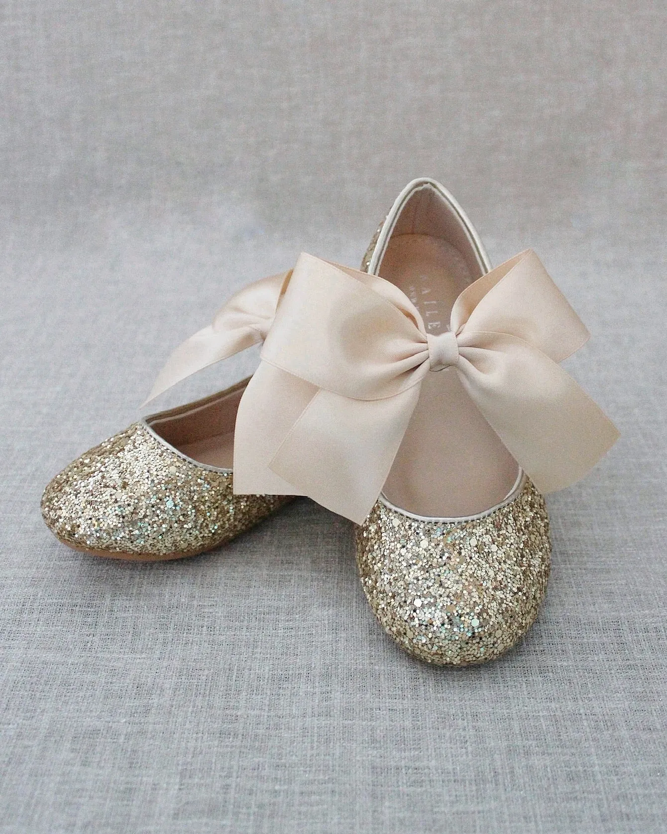 Gold Glitter Maryjane Flats with Satin Bow