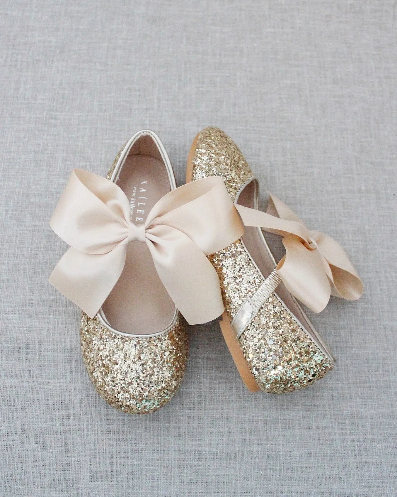 Gold Glitter Maryjane Flats with Satin Bow