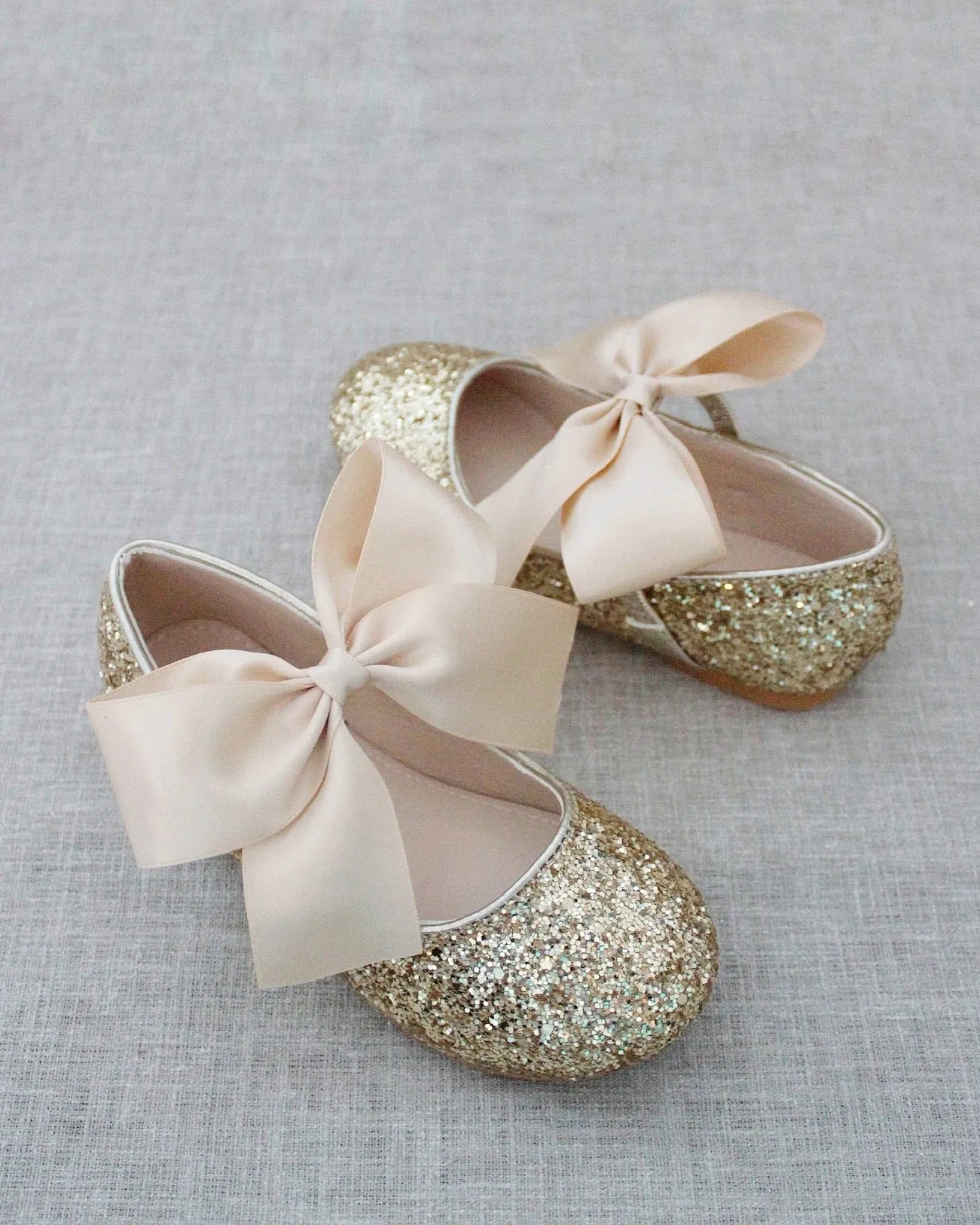 Gold Glitter Maryjane Flats with Satin Bow