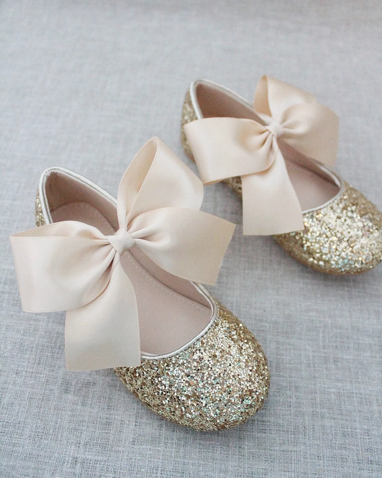 Gold Glitter Maryjane Flats with Satin Bow