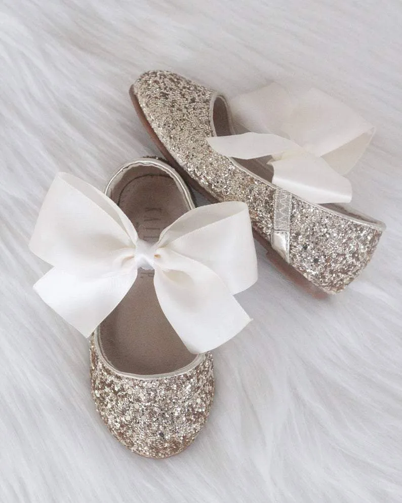 Gold Glitter Maryjane Flats with Satin Bow