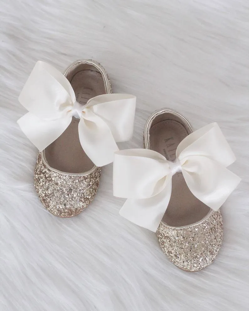 Gold Glitter Maryjane Flats with Satin Bow