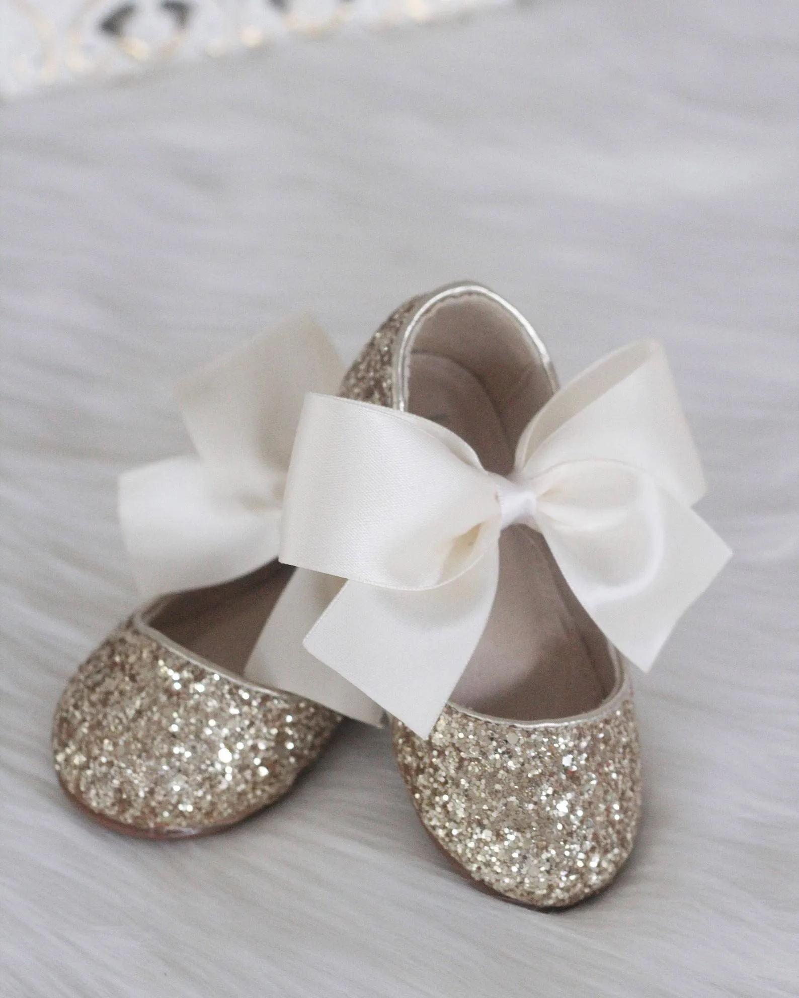 Gold Glitter Maryjane Flats with Satin Bow