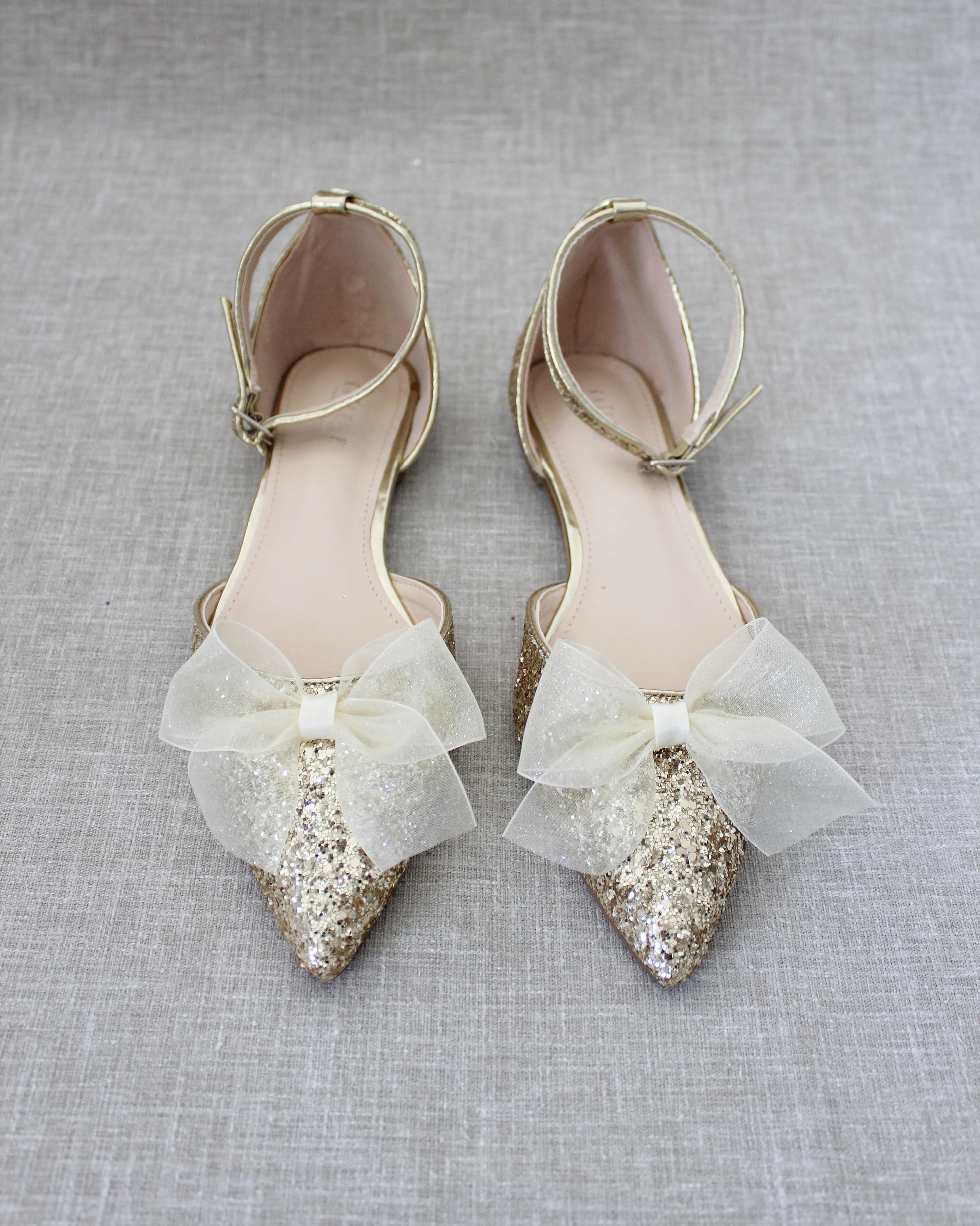 Gold Rock Glitter Flats, Pointed Toe, Ankle Strap, Organza Bow