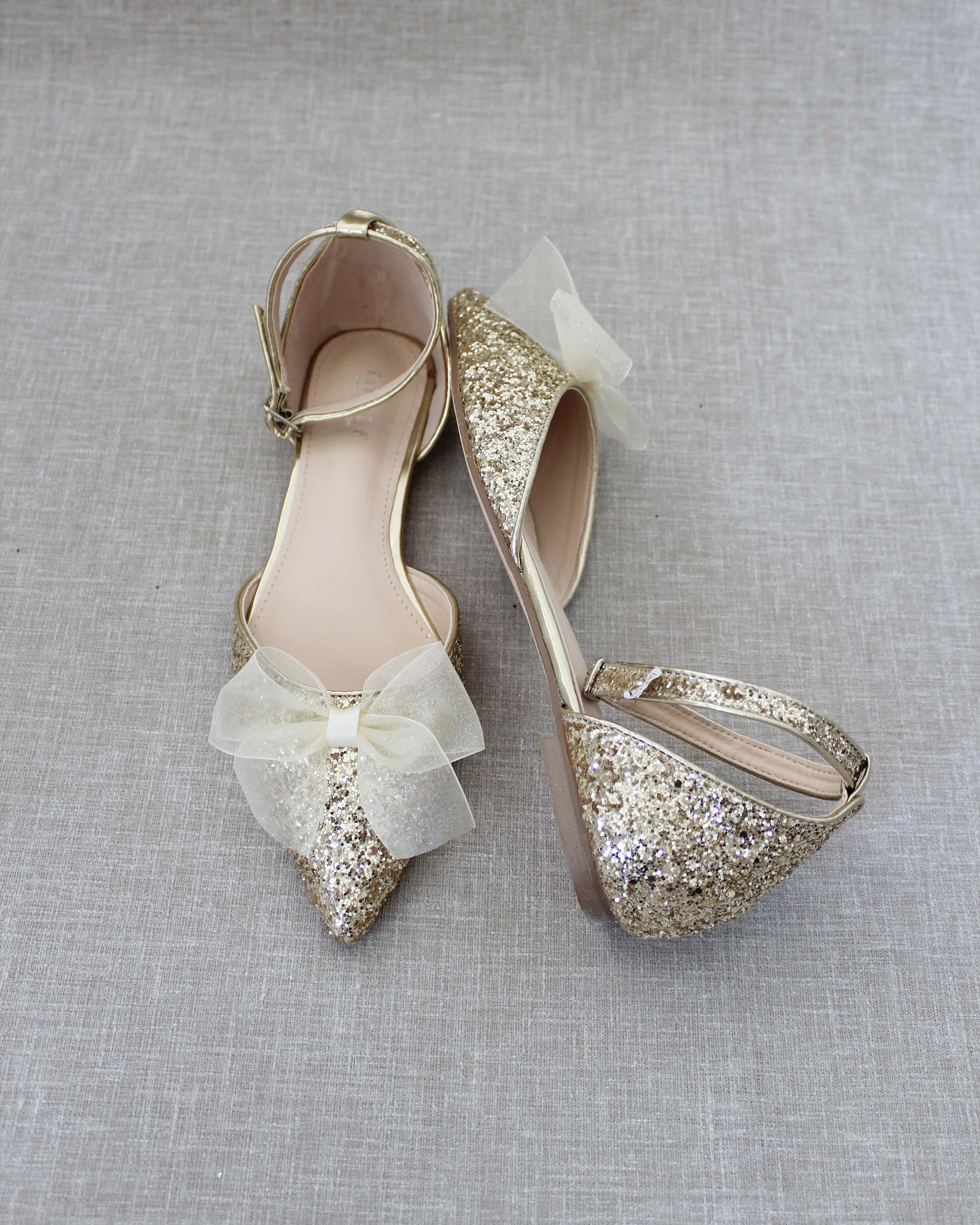 Gold Rock Glitter Flats, Pointed Toe, Ankle Strap, Organza Bow