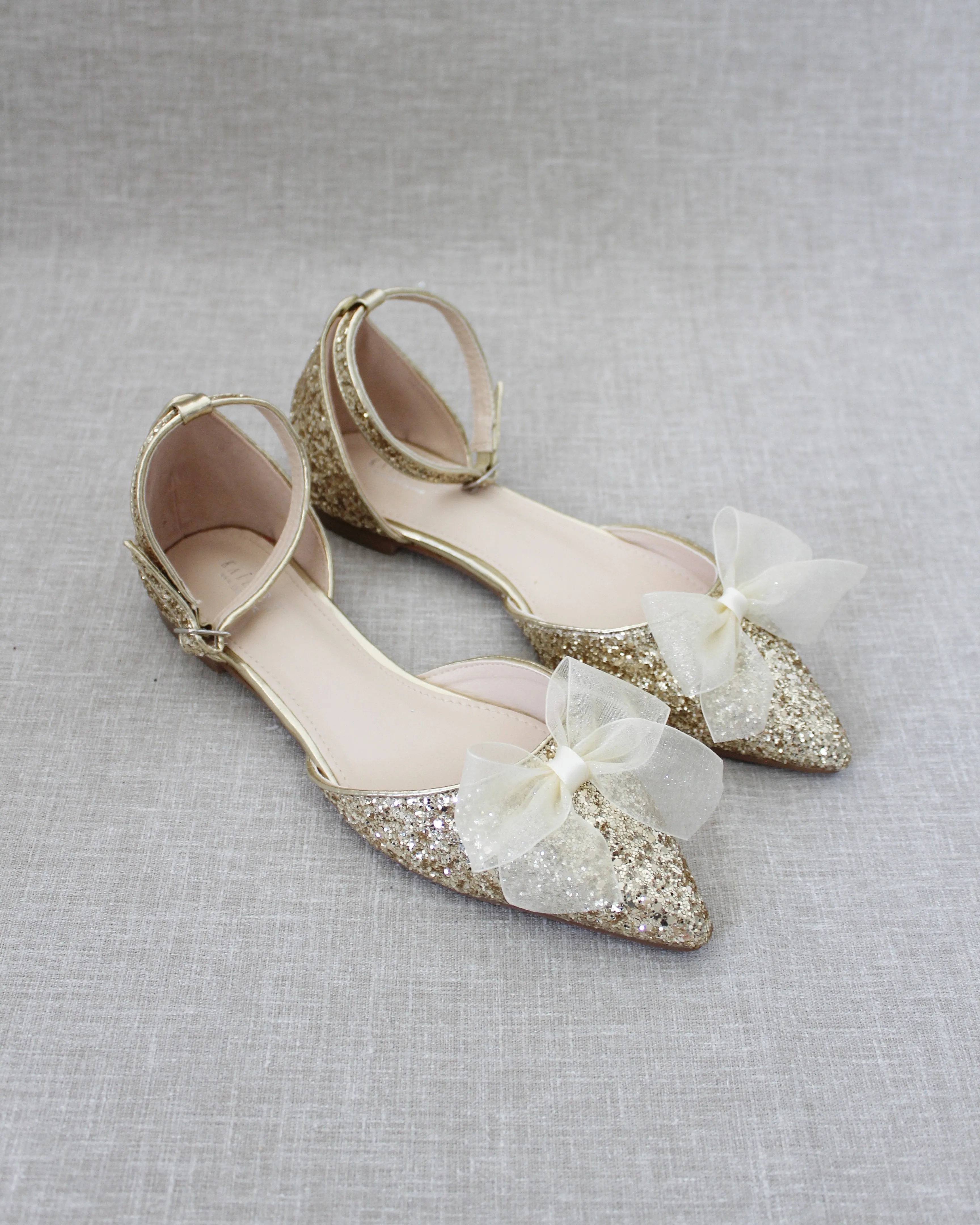 Gold Rock Glitter Flats, Pointed Toe, Ankle Strap, Organza Bow