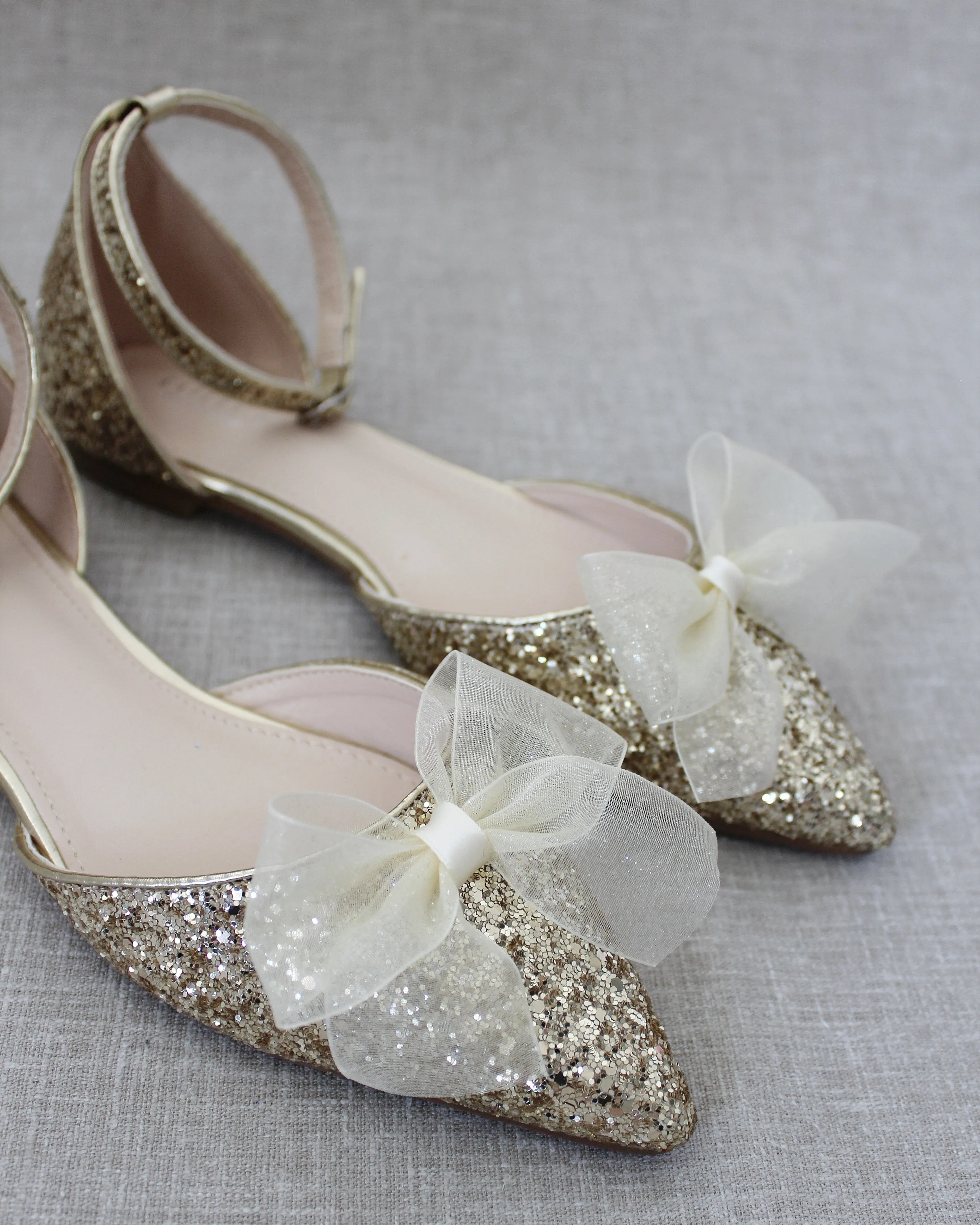 Gold Rock Glitter Flats, Pointed Toe, Ankle Strap, Organza Bow