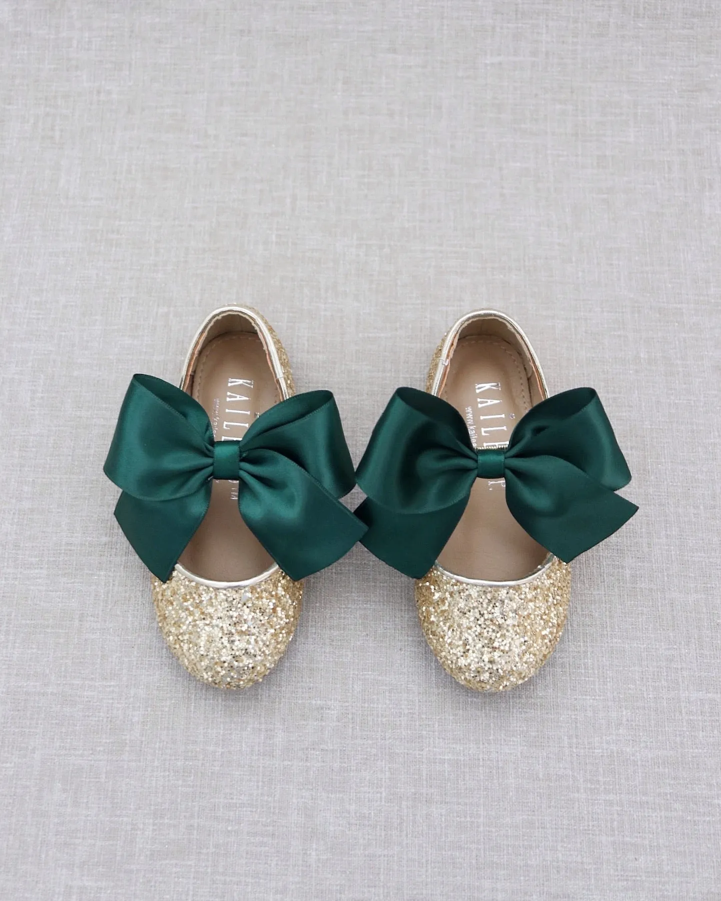 Gold Rock Glitter Mary Jane Shoes with Hunter Green Satin Bow - Buy Now