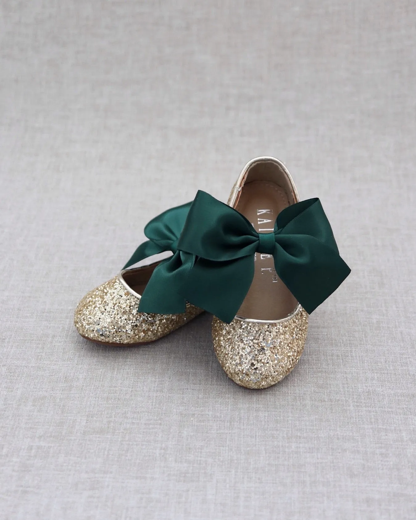 Gold Rock Glitter Mary Jane Shoes with Hunter Green Satin Bow - Buy Now