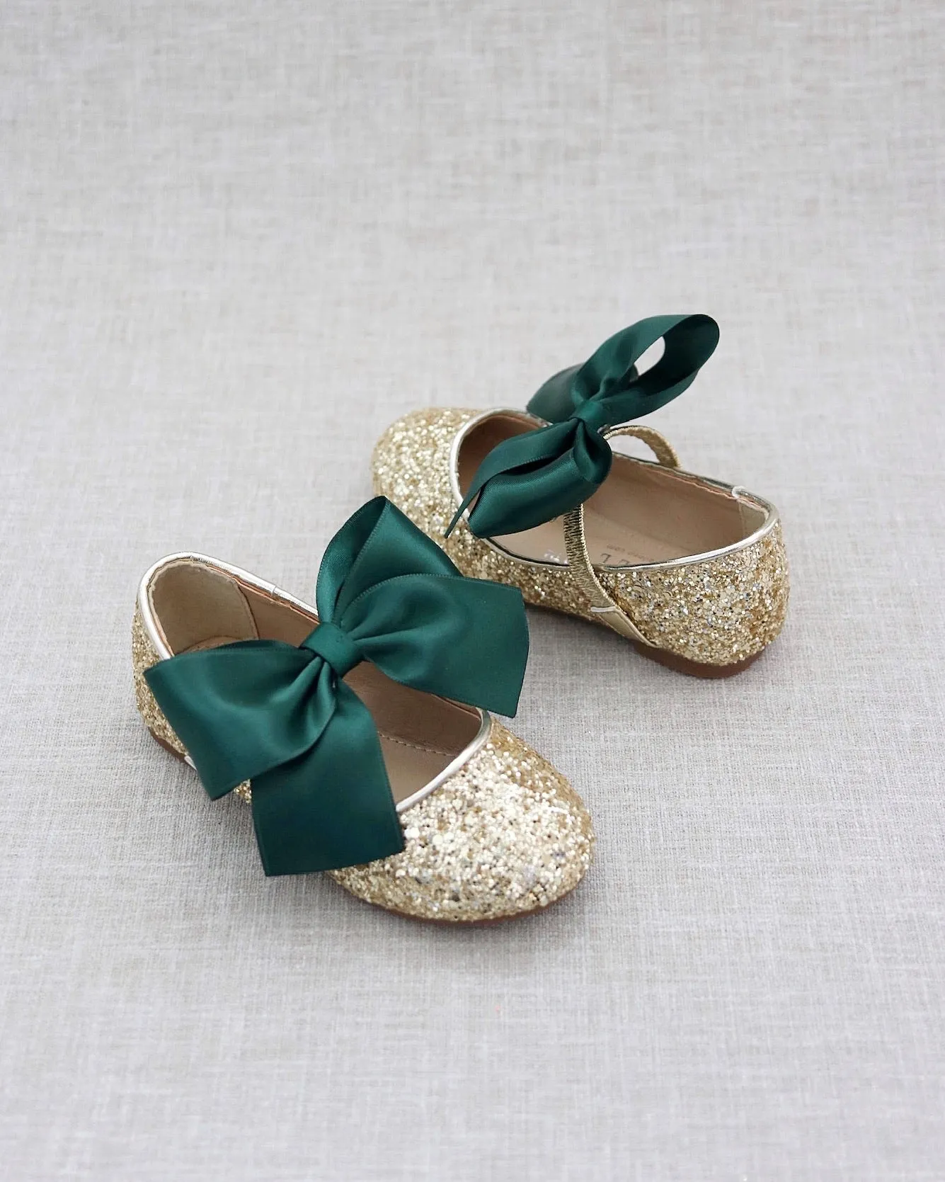 Gold Rock Glitter Mary Jane Shoes with Hunter Green Satin Bow - Buy Now