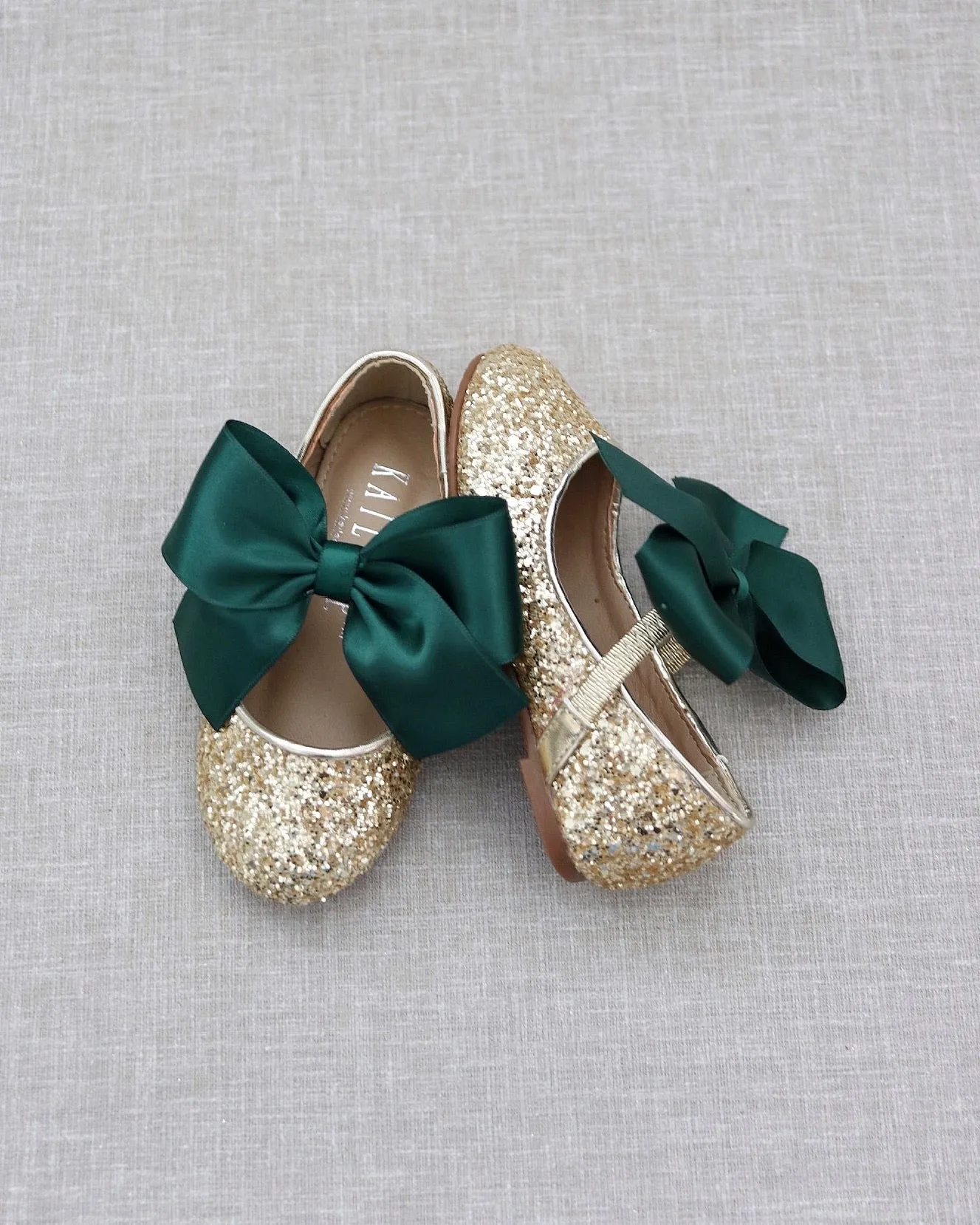 Gold Rock Glitter Mary Jane Shoes with Hunter Green Satin Bow - Buy Now