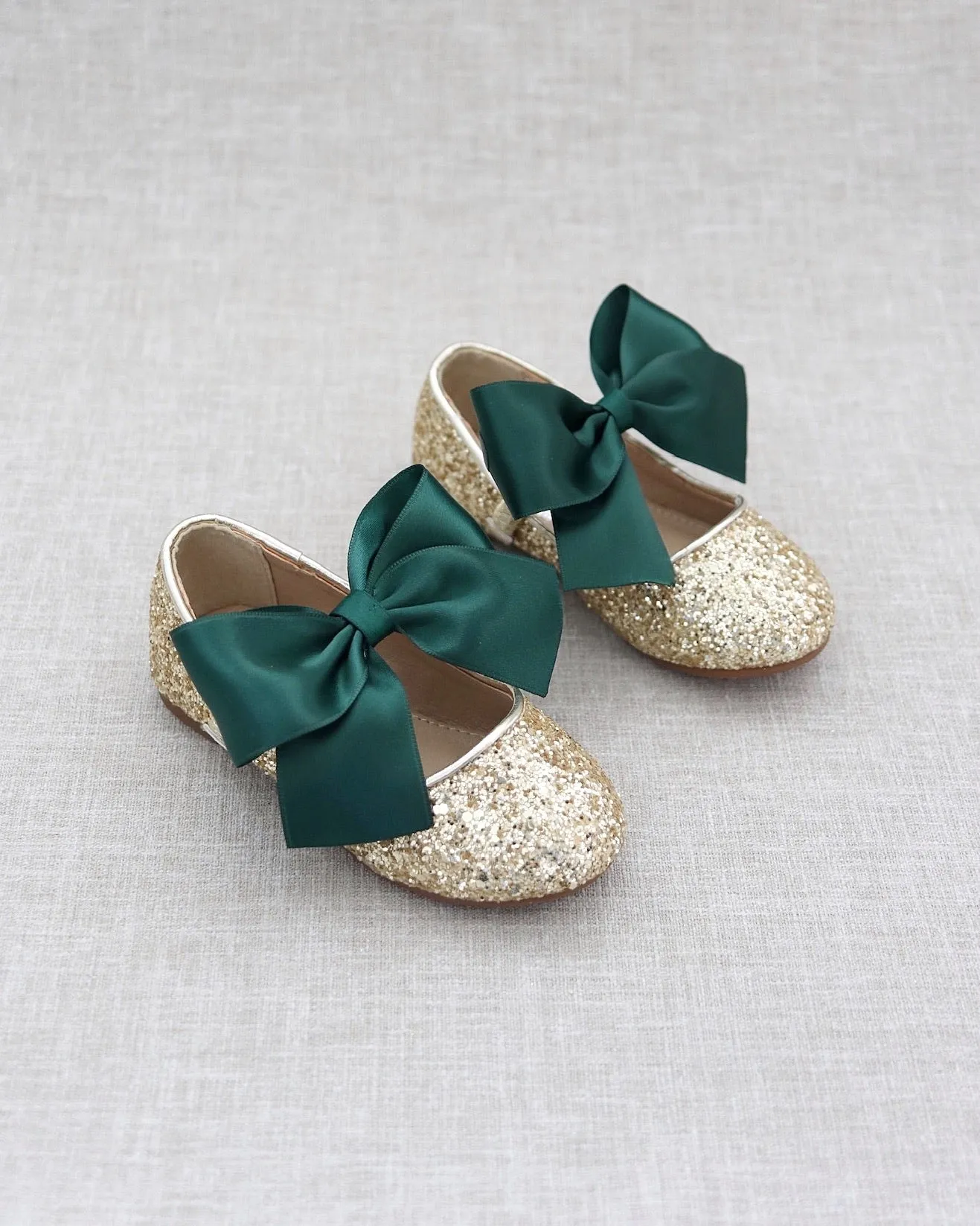 Gold Rock Glitter Mary Jane Shoes with Hunter Green Satin Bow - Buy Now