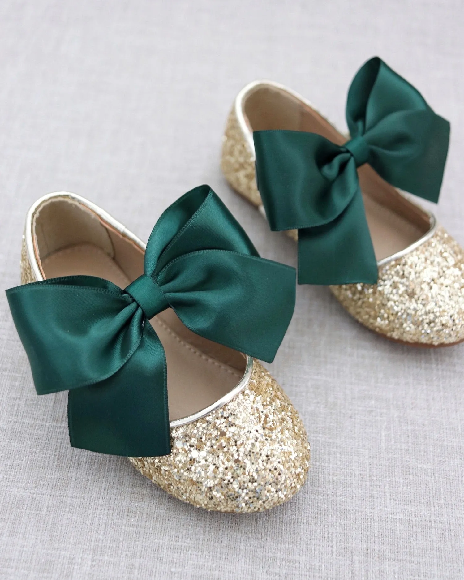 Gold Rock Glitter Mary Jane Shoes with Hunter Green Satin Bow - Buy Now