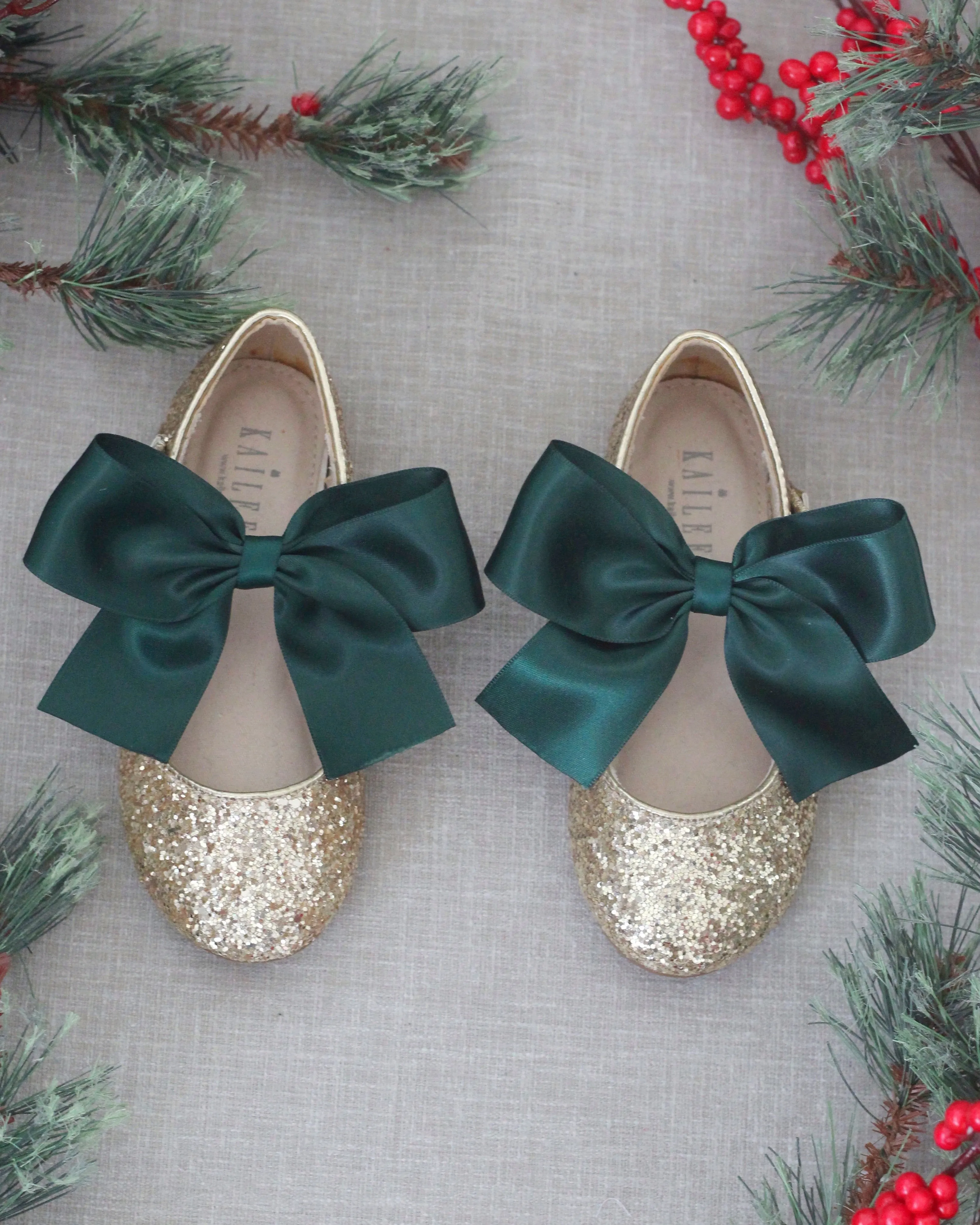 Gold Rock Glitter Mary Jane Shoes with Hunter Green Satin Bow - Buy Now