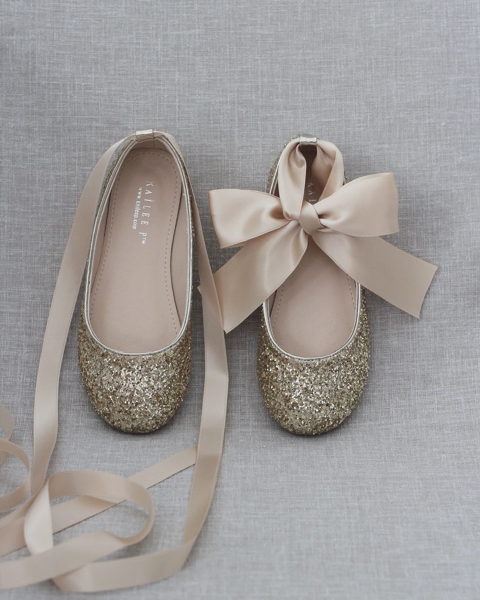 Gold Sparkly Ballet Flats with Satin Ankle Strap