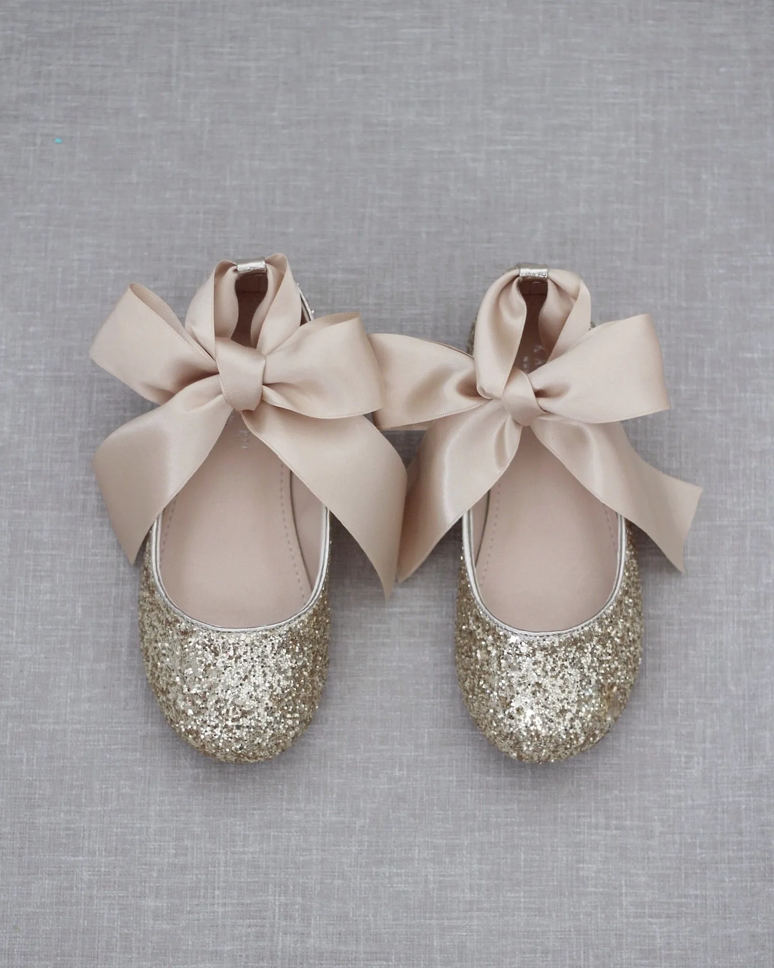 Gold Sparkly Ballet Flats with Satin Ankle Strap