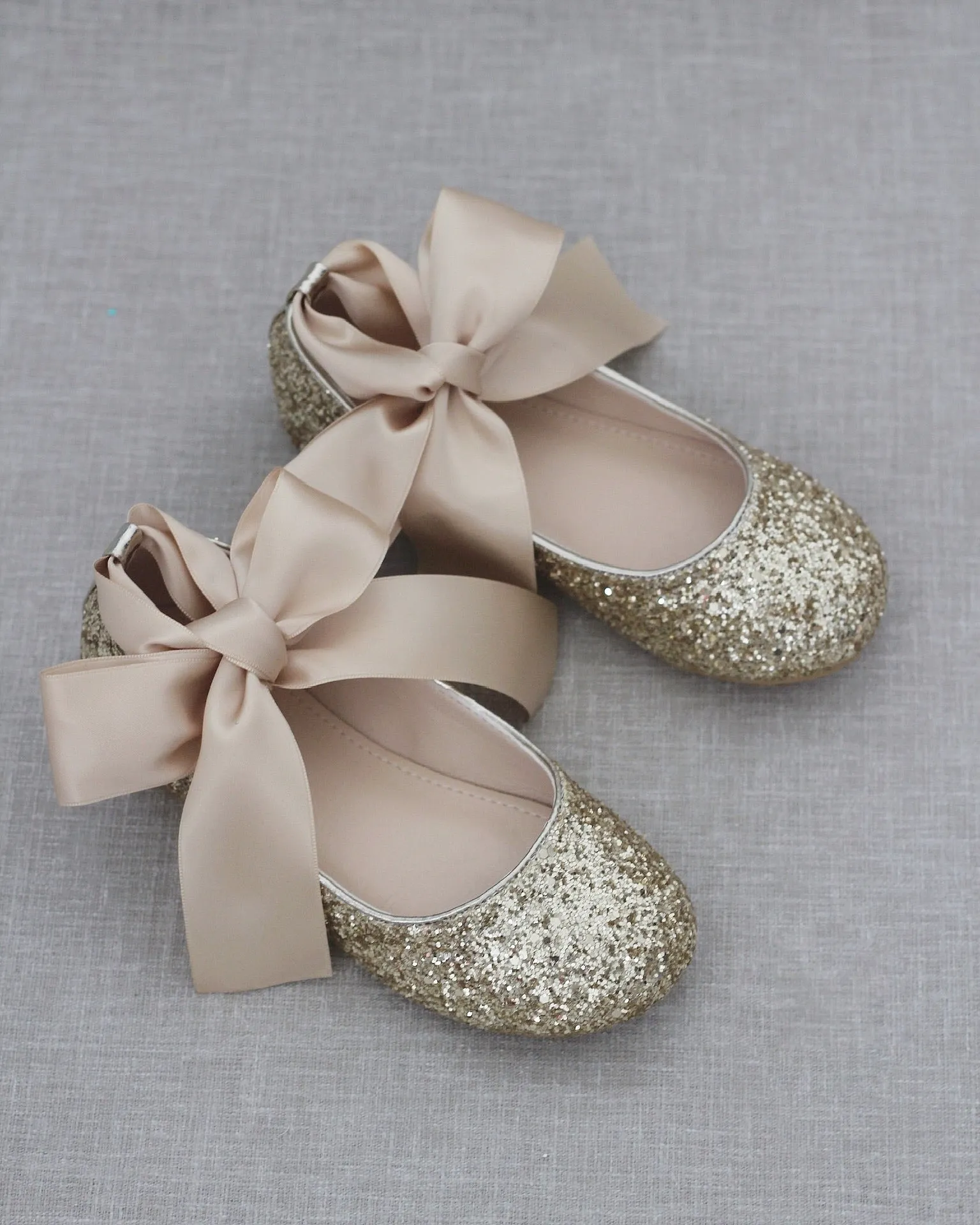 Gold Sparkly Ballet Flats with Satin Ankle Strap