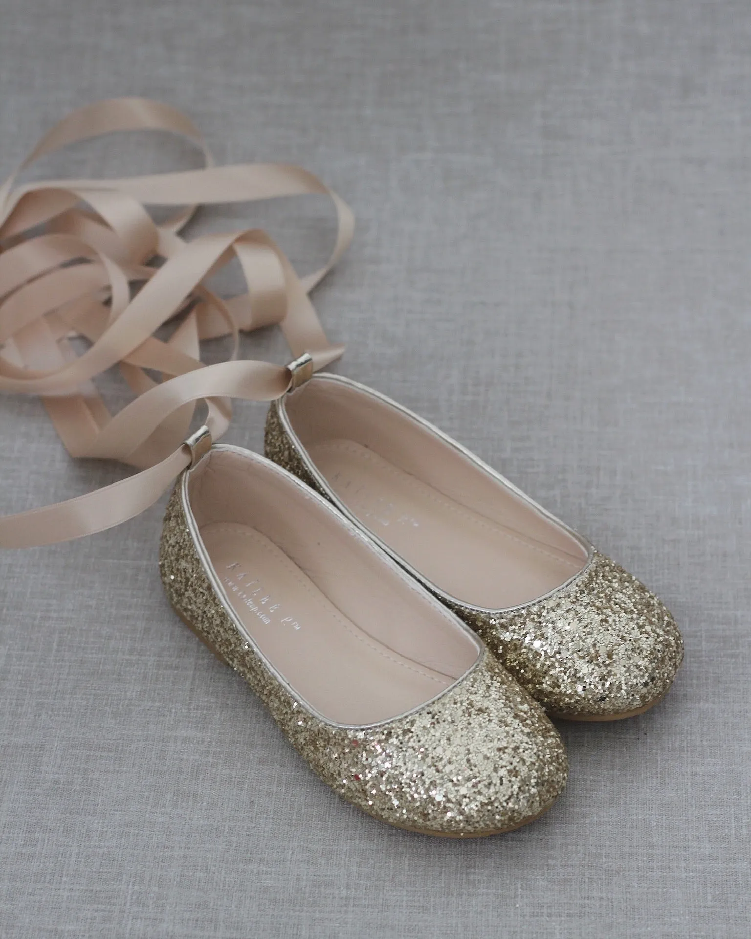 Gold Sparkly Ballet Flats with Satin Ankle Strap