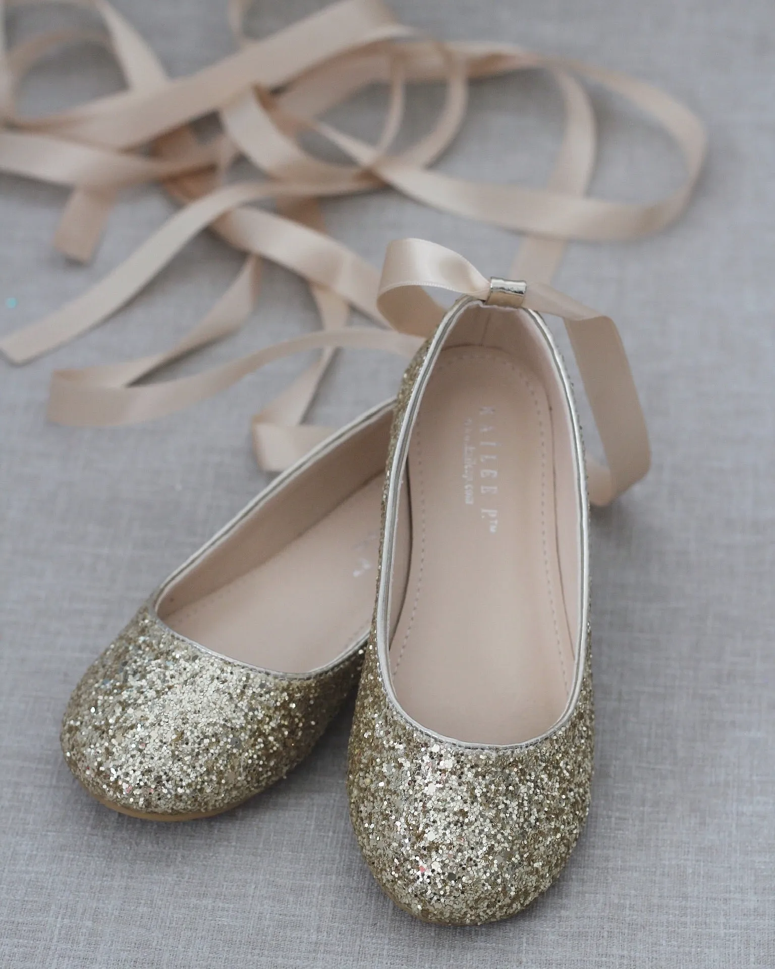 Gold Sparkly Ballet Flats with Satin Ankle Strap