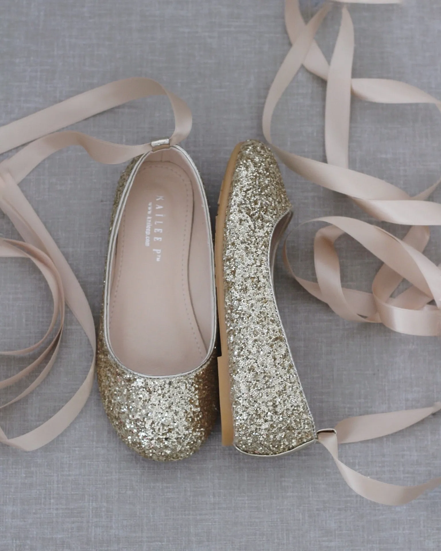 Gold Sparkly Ballet Flats with Satin Ankle Strap