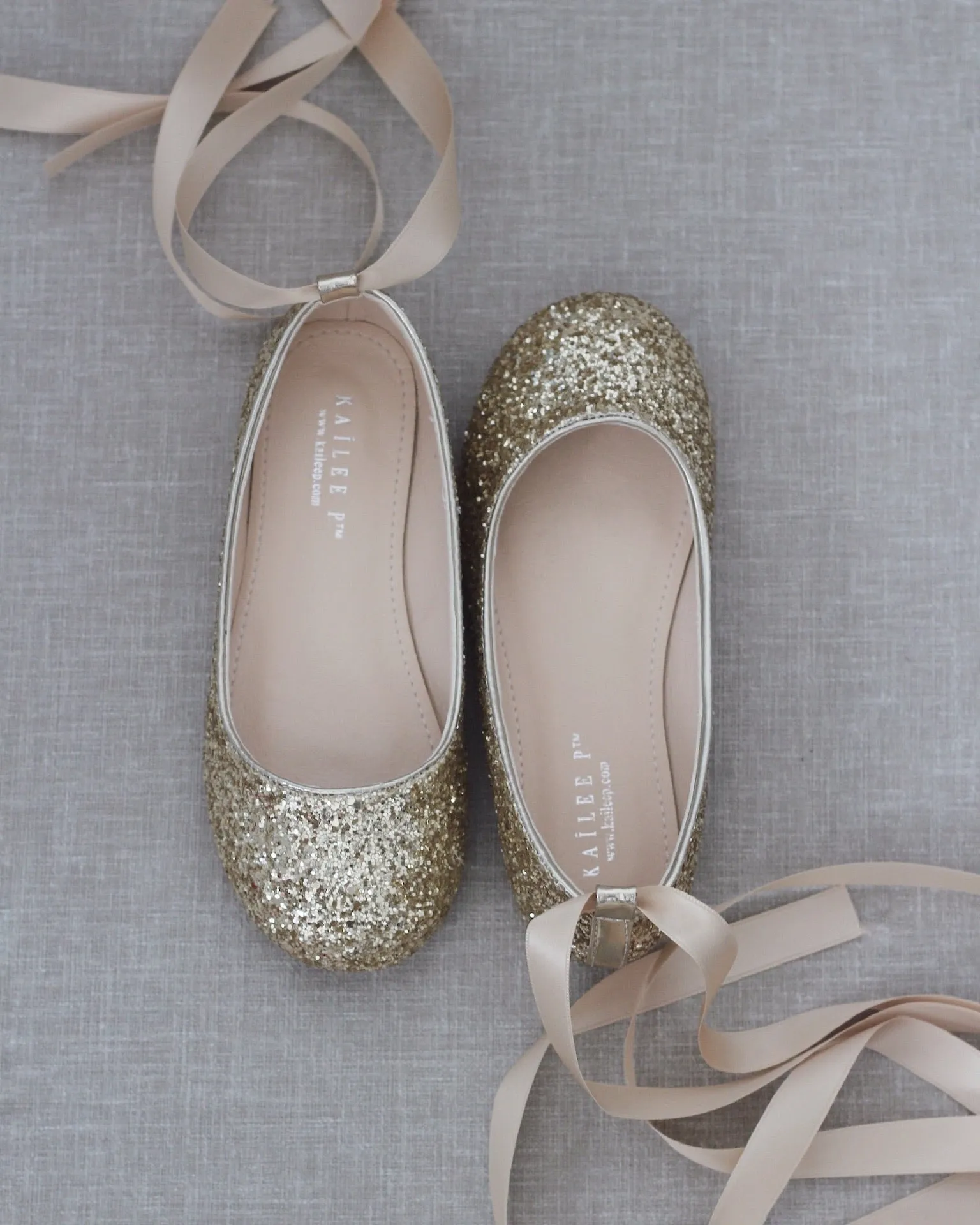 Gold Sparkly Ballet Flats with Satin Ankle Strap