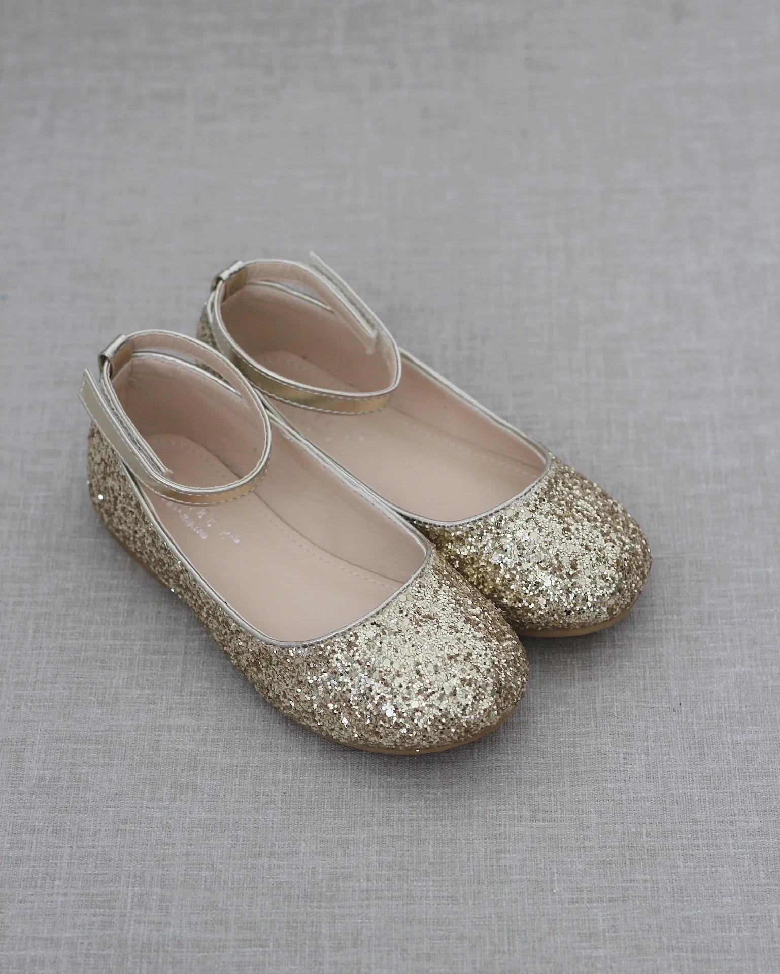 Gold Sparkly Ballet Flats with Velcro Ankle Strap