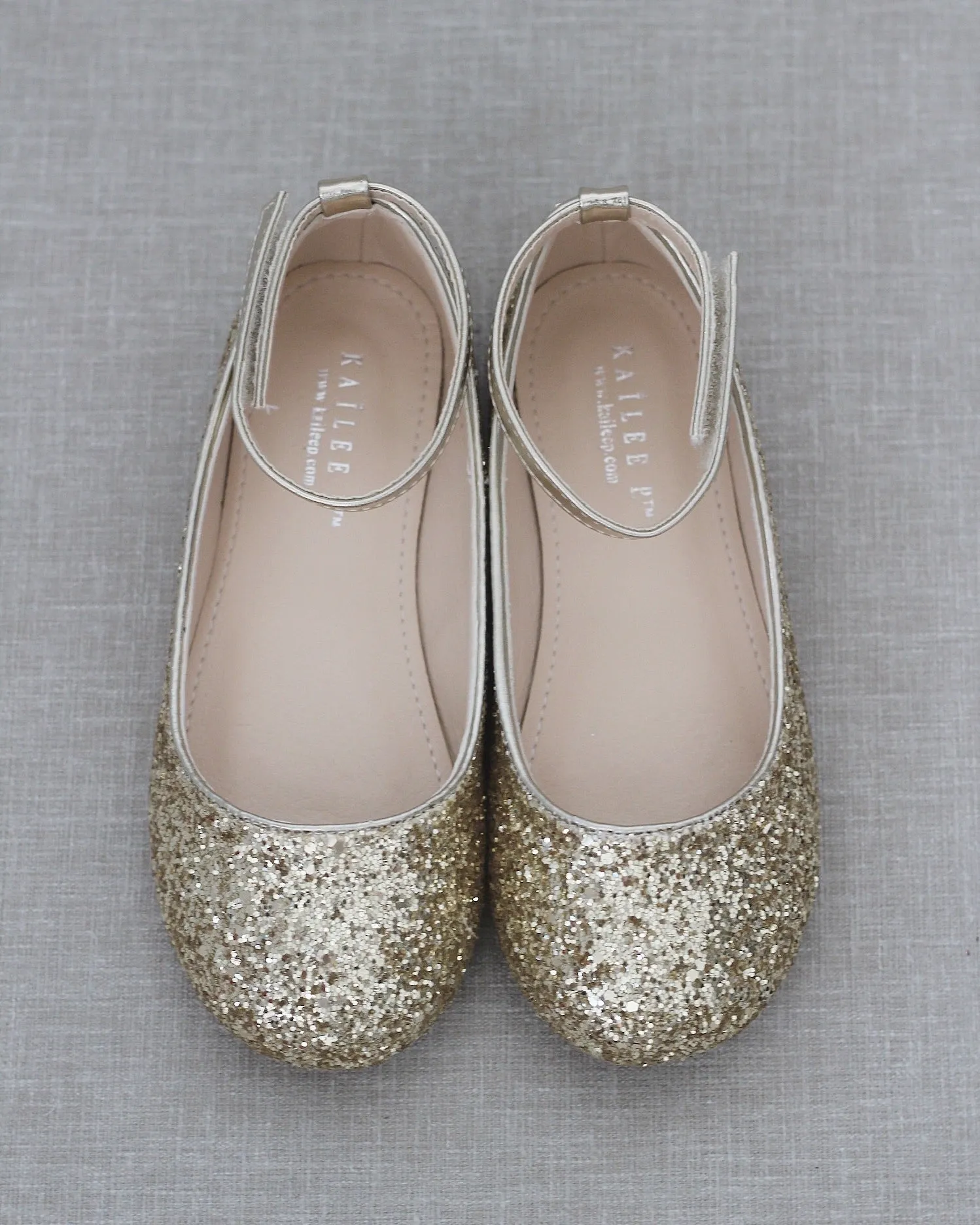 Gold Sparkly Ballet Flats with Velcro Ankle Strap