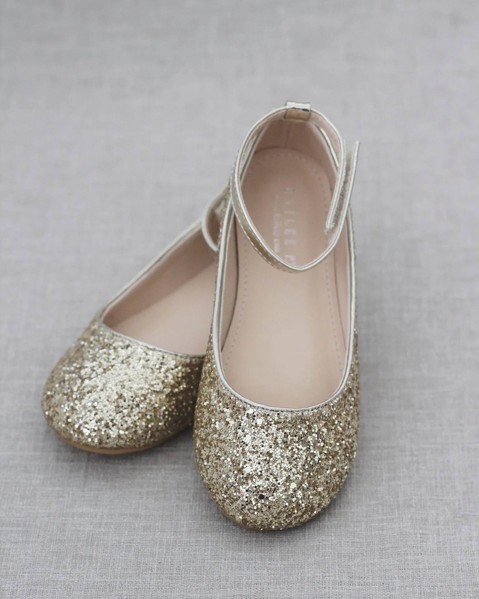 Gold Sparkly Ballet Flats with Velcro Ankle Strap