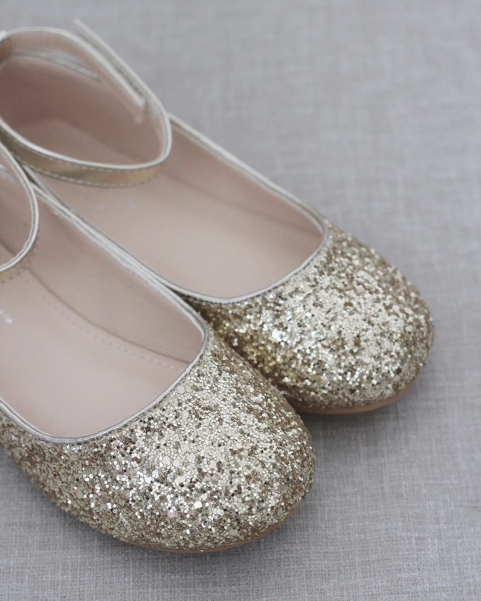 Gold Sparkly Ballet Flats with Velcro Ankle Strap