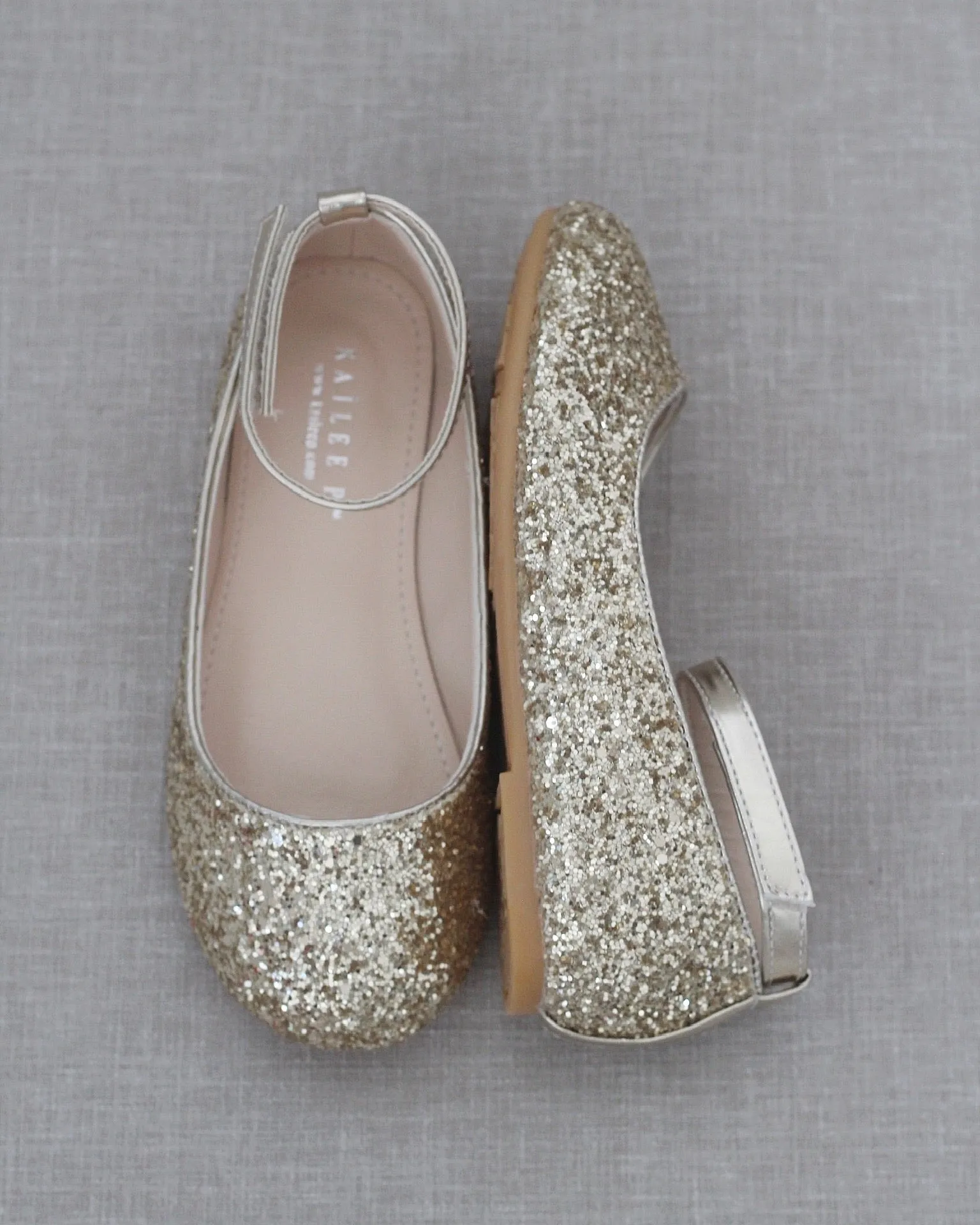 Gold Sparkly Ballet Flats with Velcro Ankle Strap