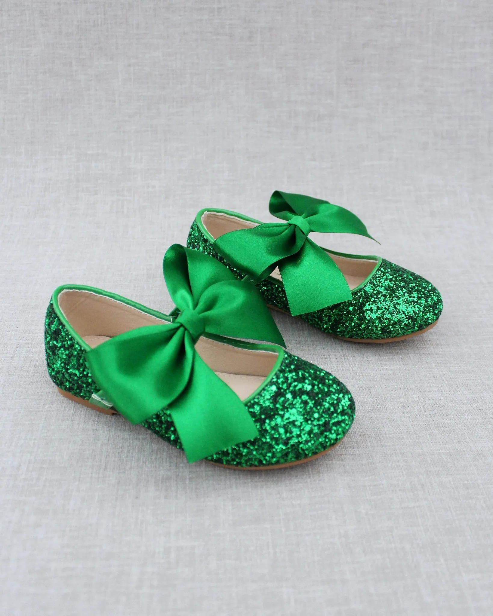 Green Satin Bow Ballet Flats - Glitter Mary Jane Style