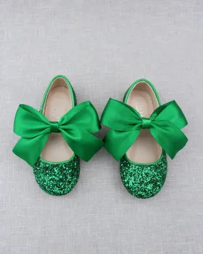 Green Satin Bow Ballet Flats - Glitter Mary Jane Style