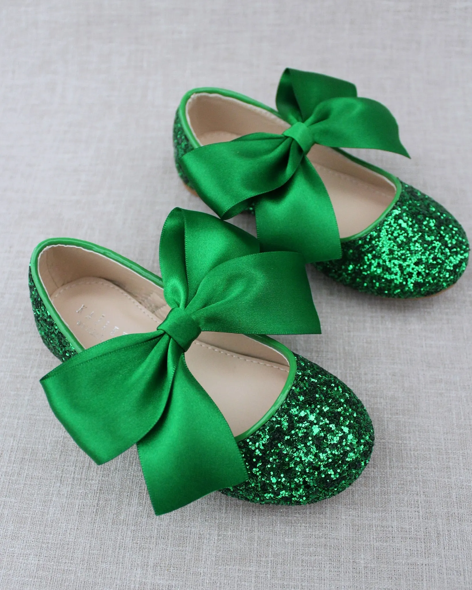 Green Satin Bow Ballet Flats - Glitter Mary Jane Style