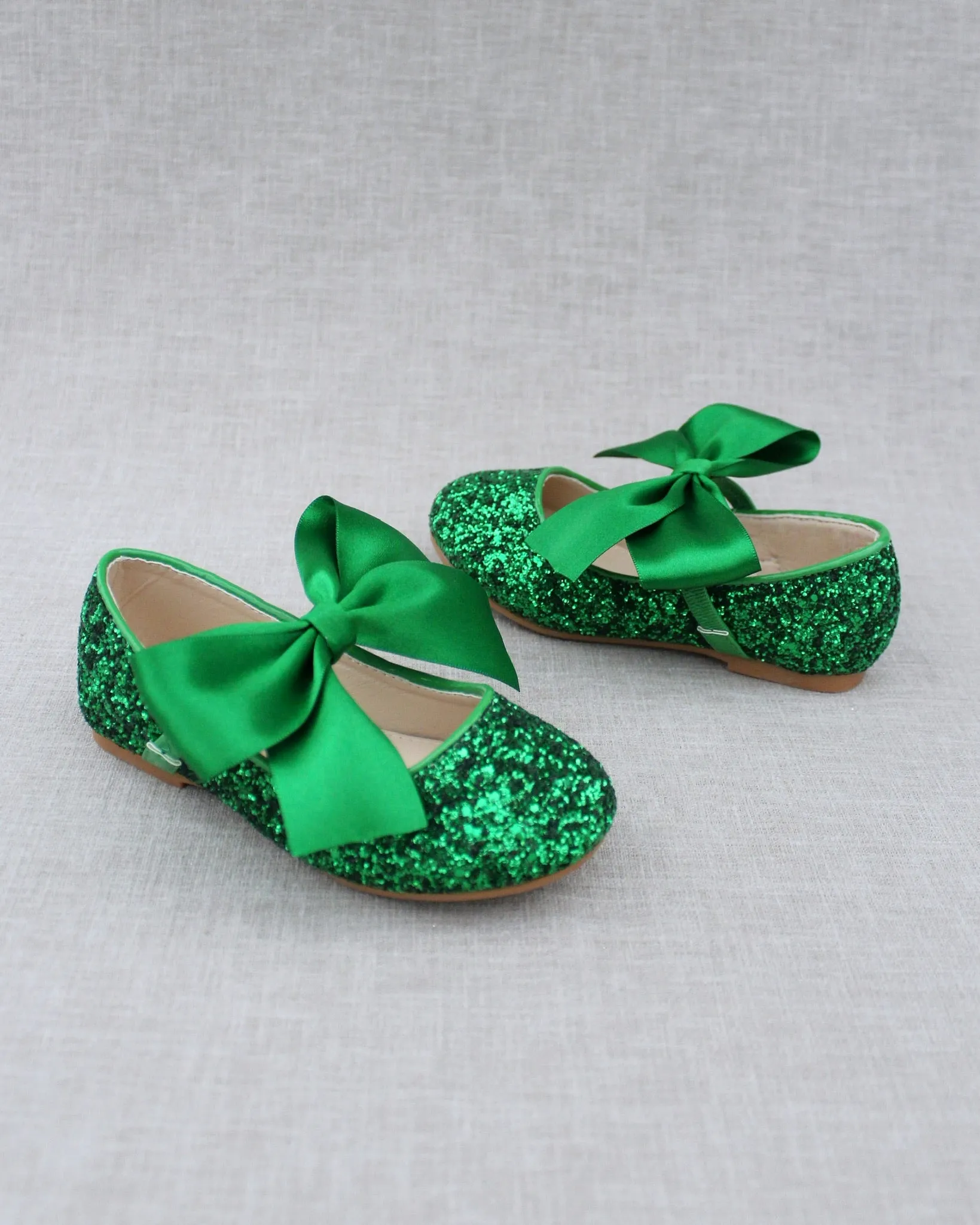 Green Satin Bow Ballet Flats - Glitter Mary Jane Style