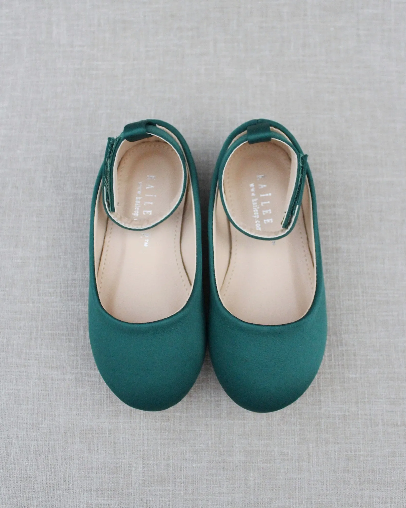 Hunter Green Satin Flats - Velcro Ankle Strap