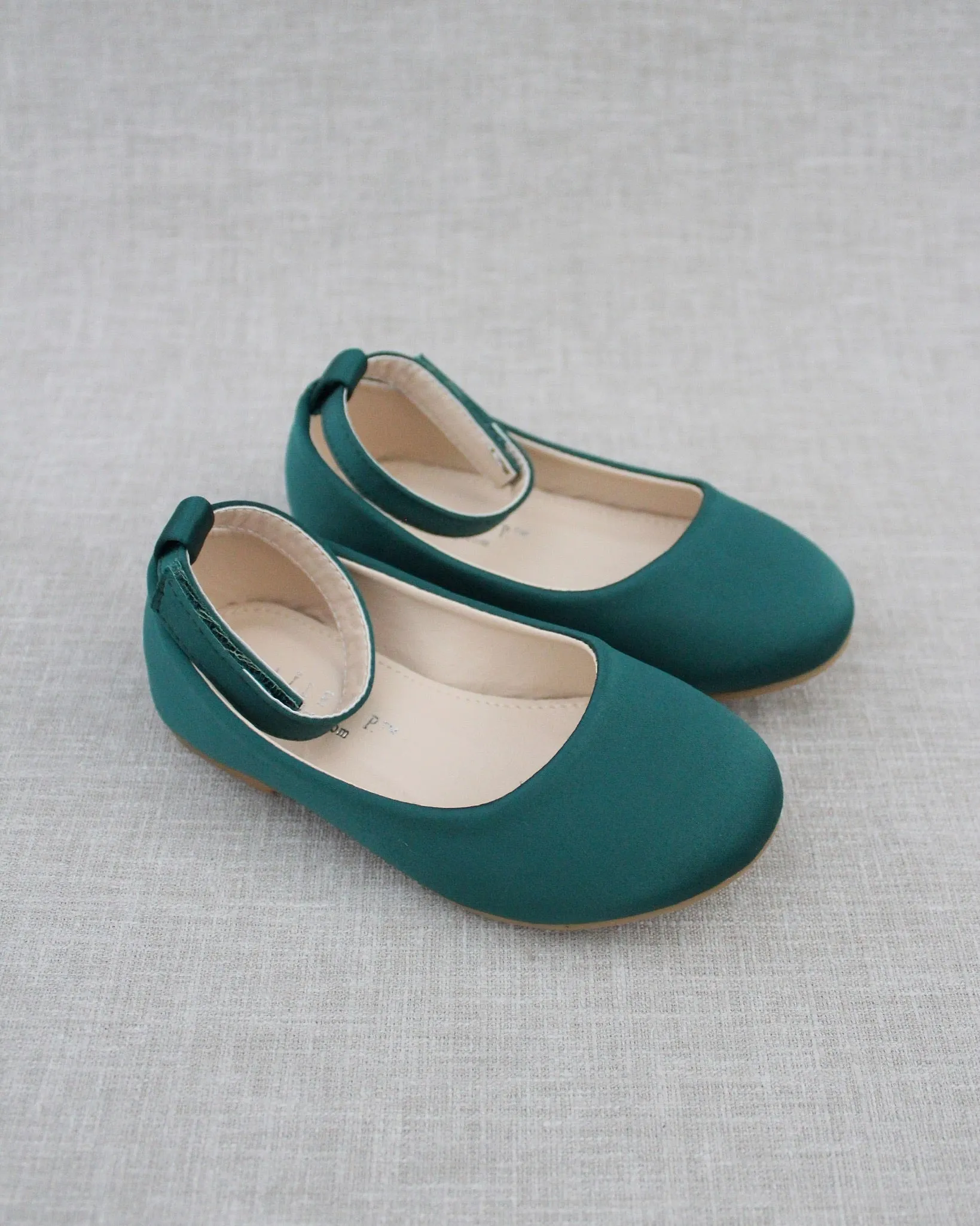 Hunter Green Satin Flats - Velcro Ankle Strap