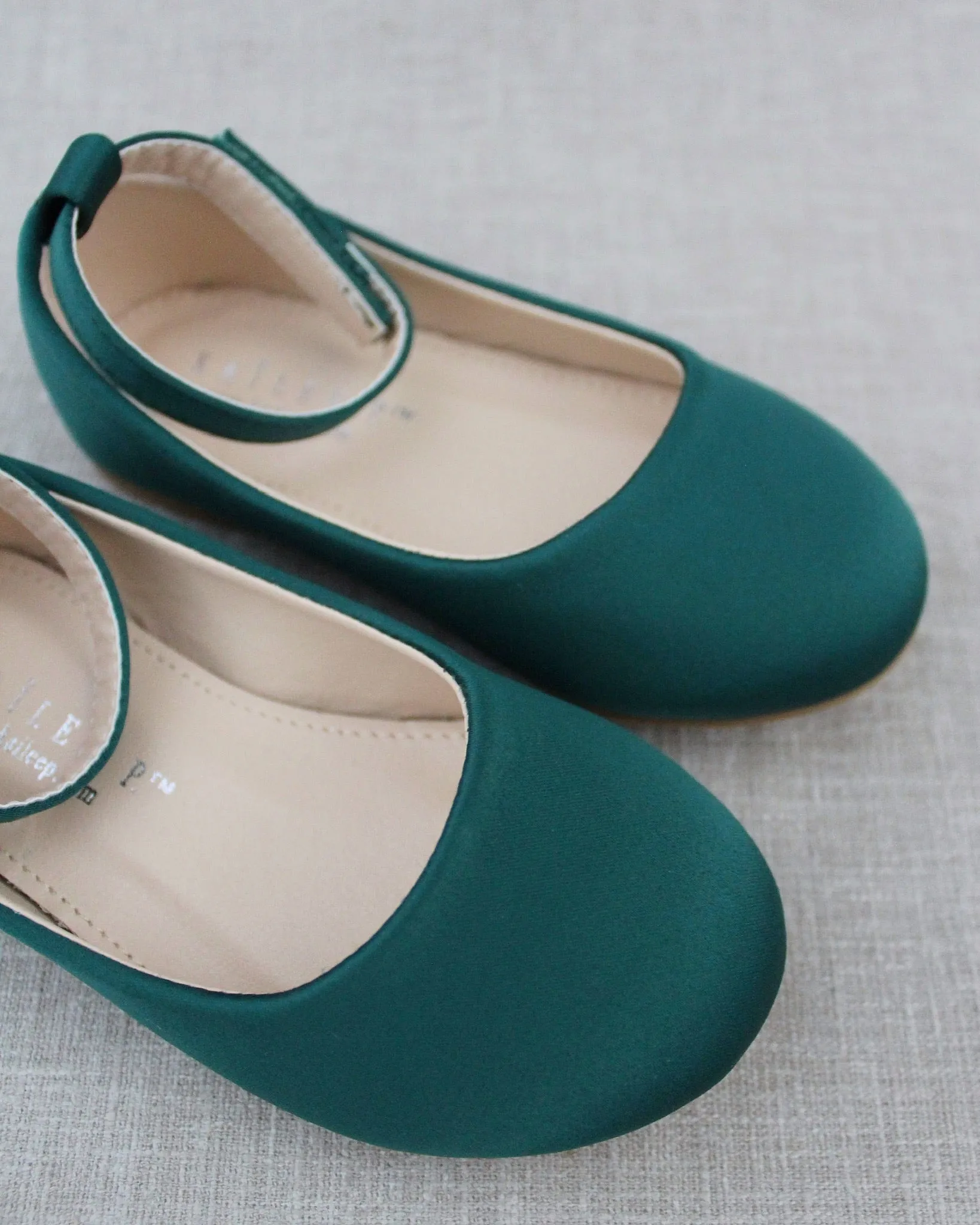 Hunter Green Satin Flats - Velcro Ankle Strap