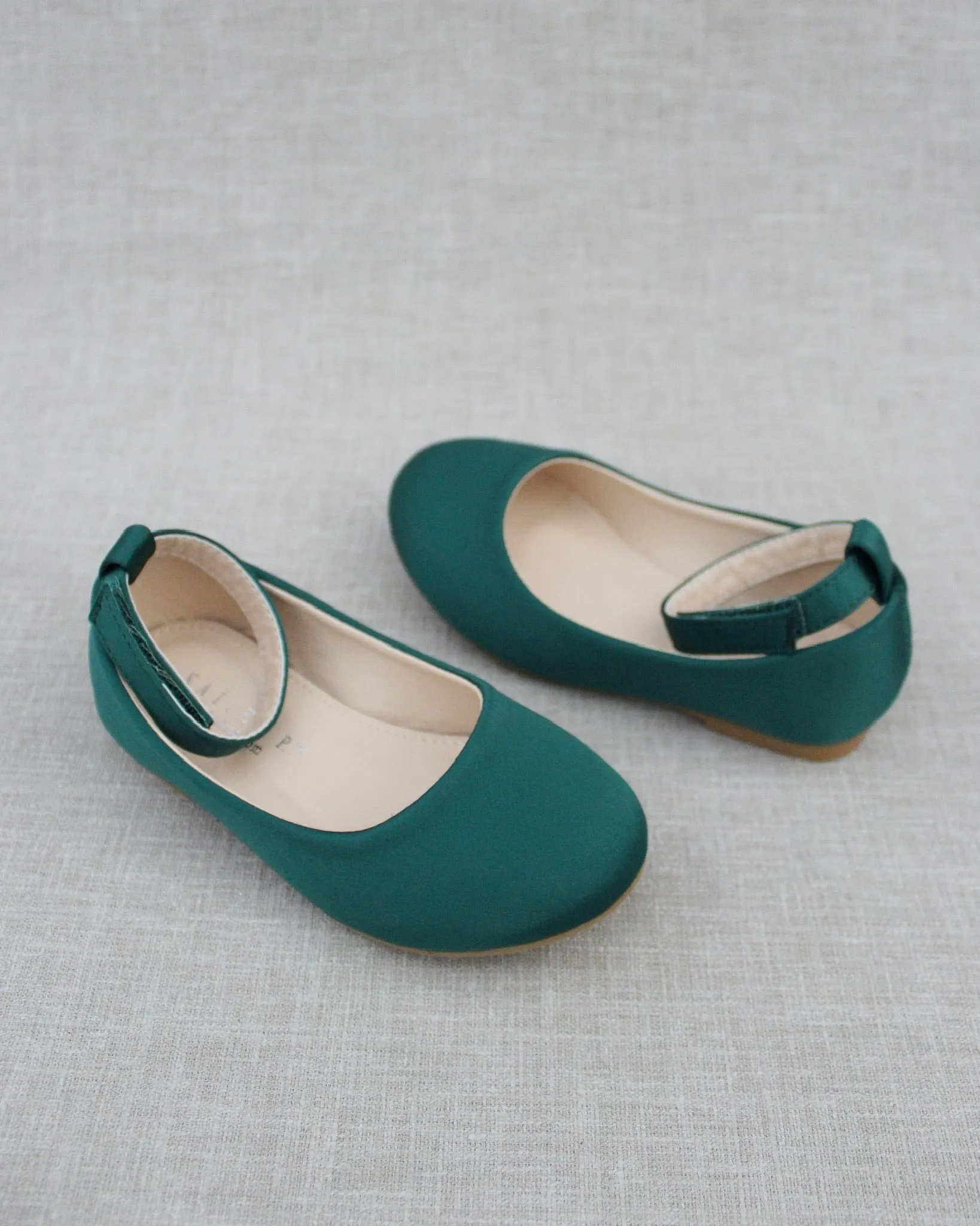 Hunter Green Satin Flats - Velcro Ankle Strap