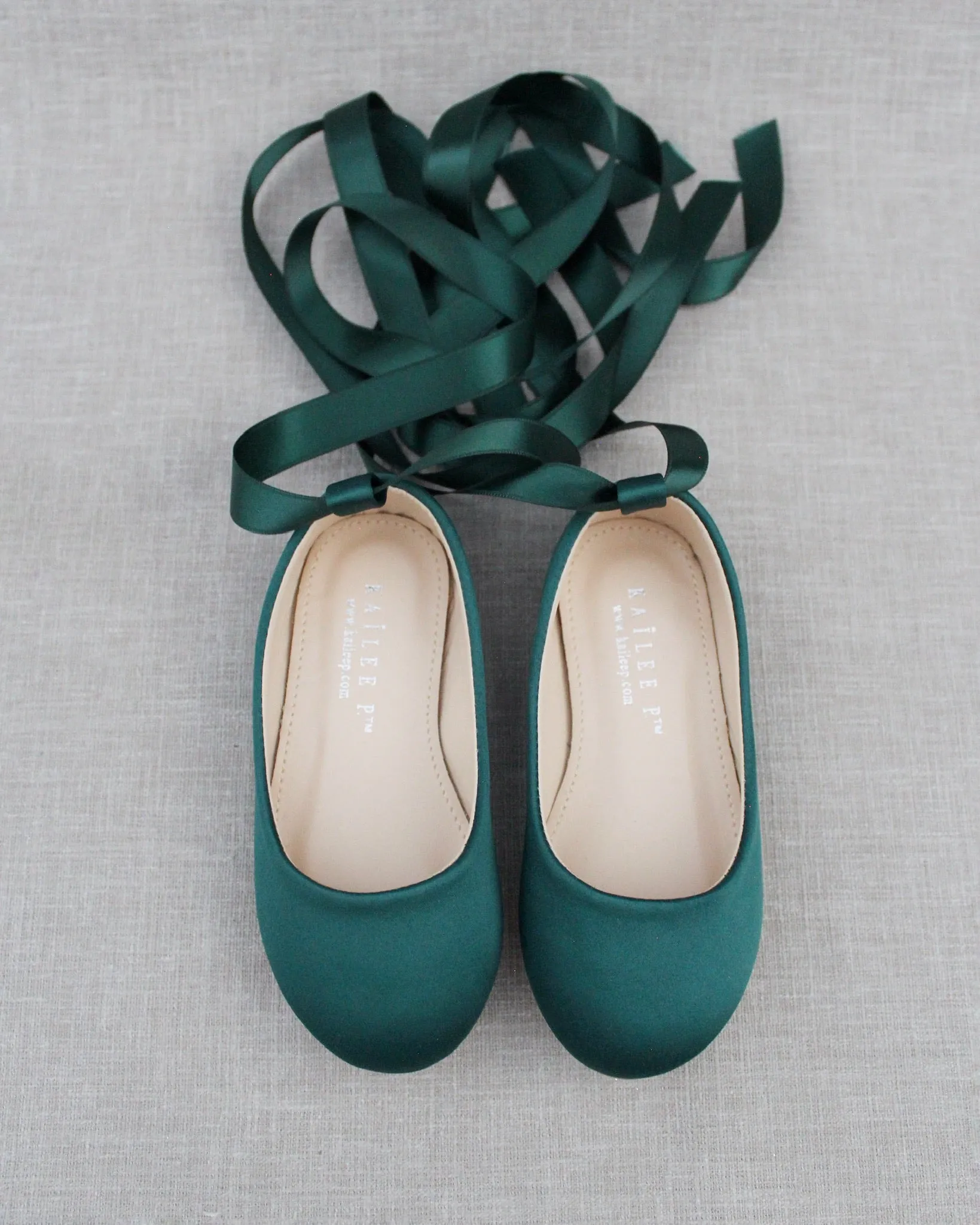 Hunter Green Satin Flats with Ankle Tie or Ballerina Lace Ups