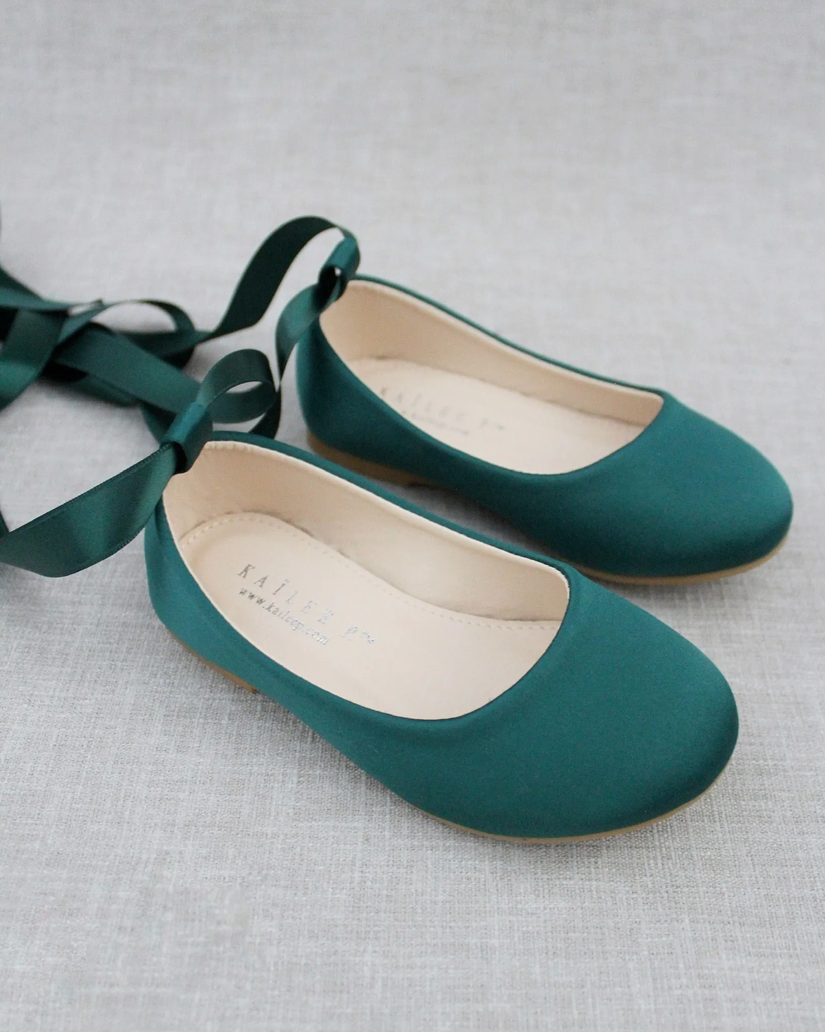 Hunter Green Satin Flats with Ankle Tie or Ballerina Lace Ups