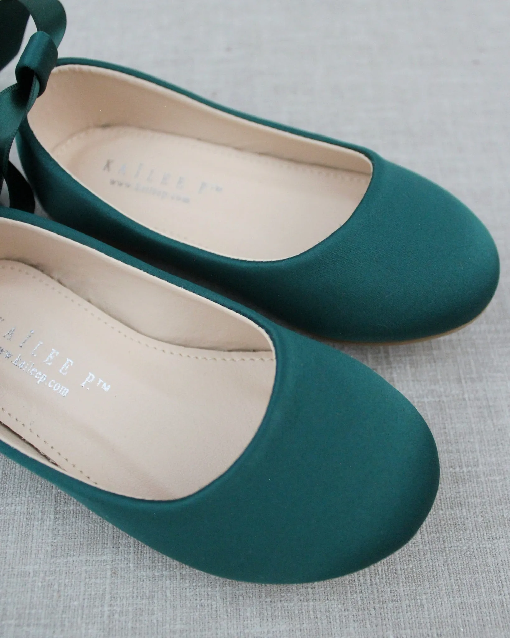 Hunter Green Satin Flats with Ankle Tie or Ballerina Lace Ups